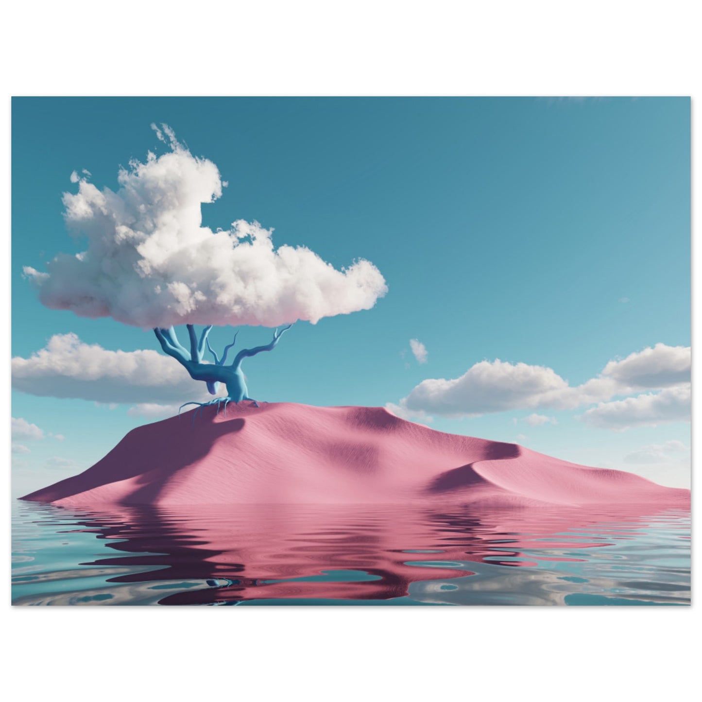 Surreal art: Shiny water, pink hill, and cloud-tree in 'Pink Oasis Fantasy`Surreal art: Shiny water, pink hill, and cloud-tree in 'Pink Oasis Fantasy`