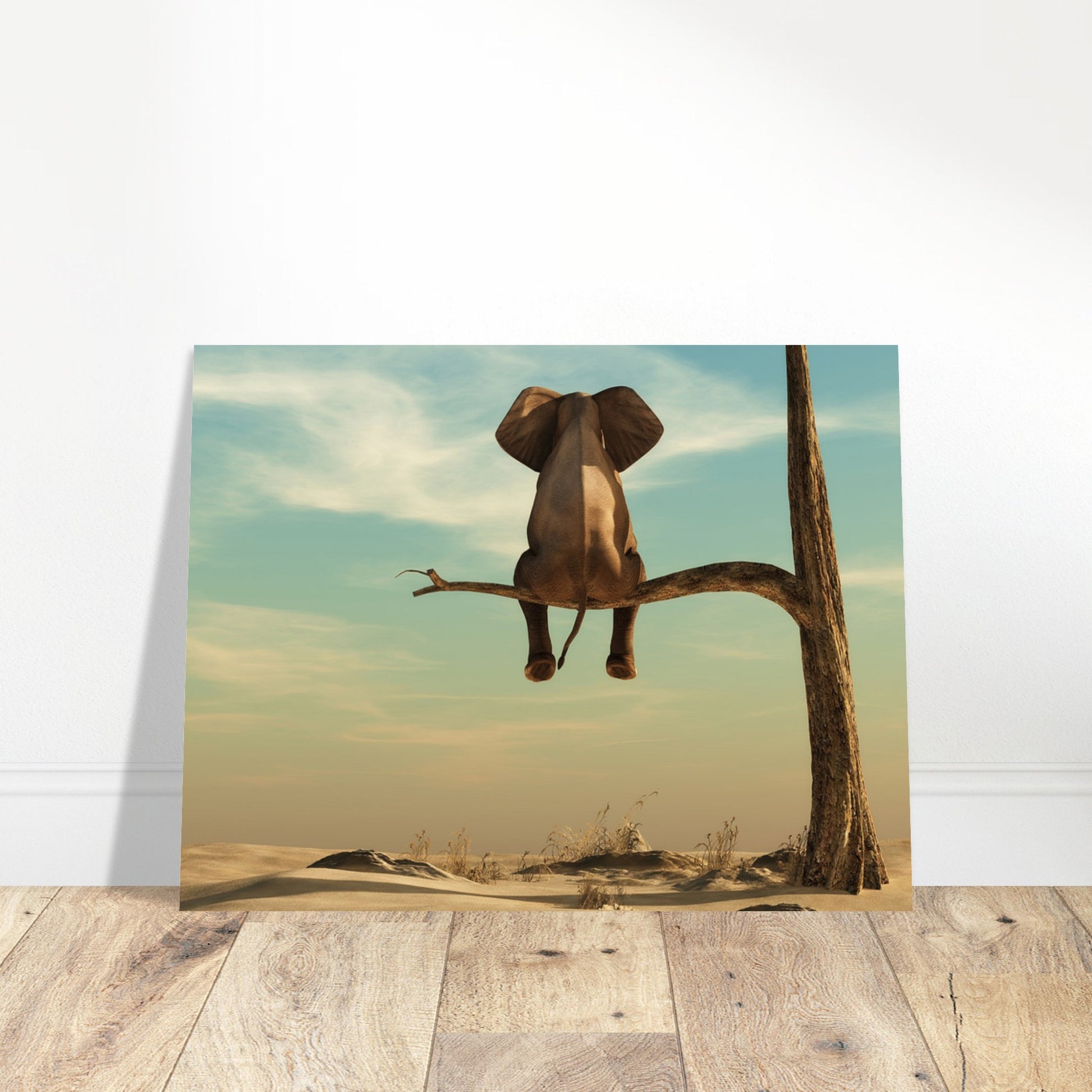 Surreal poster: The Escape - An enigmatic elephant perched on a tree trunk in a vast desert landscape.