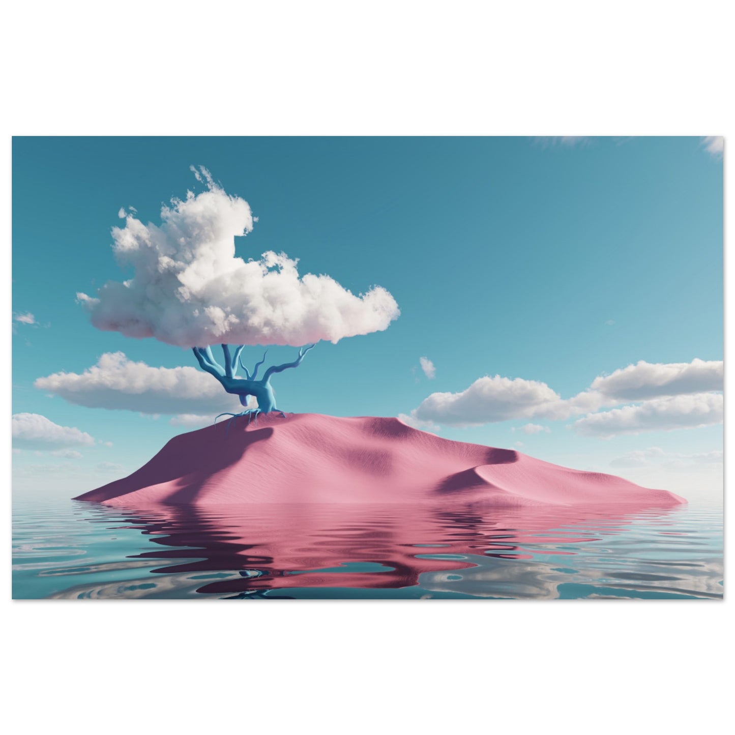 Surreal art: Shiny water, pink hill, and cloud-tree in 'Pink Oasis Fantasy`