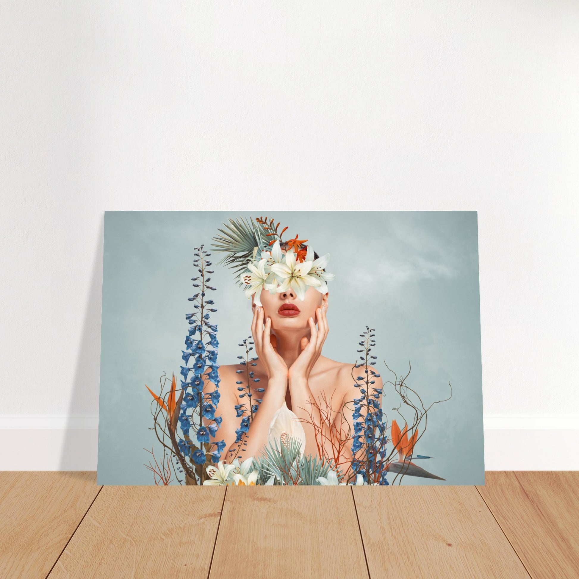 Surreal 'Floral Veil' Poster - An artistic depiction of a lady covered in colorful blooms.