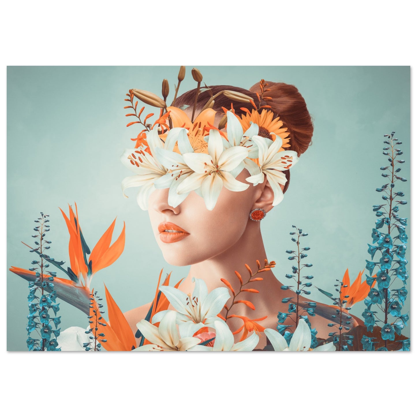 Surreal 'Floral Veil' Poster - An artistic depiction of a lady covered in colorful blooms.