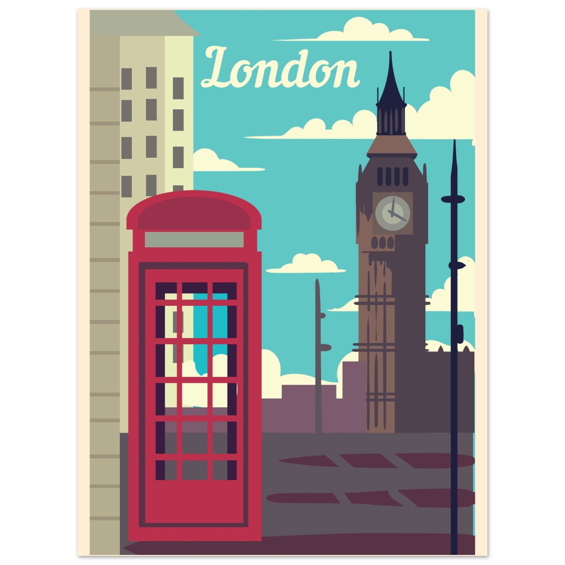 London Landmarks Vintage Poster - Big Ben and Phone Booth