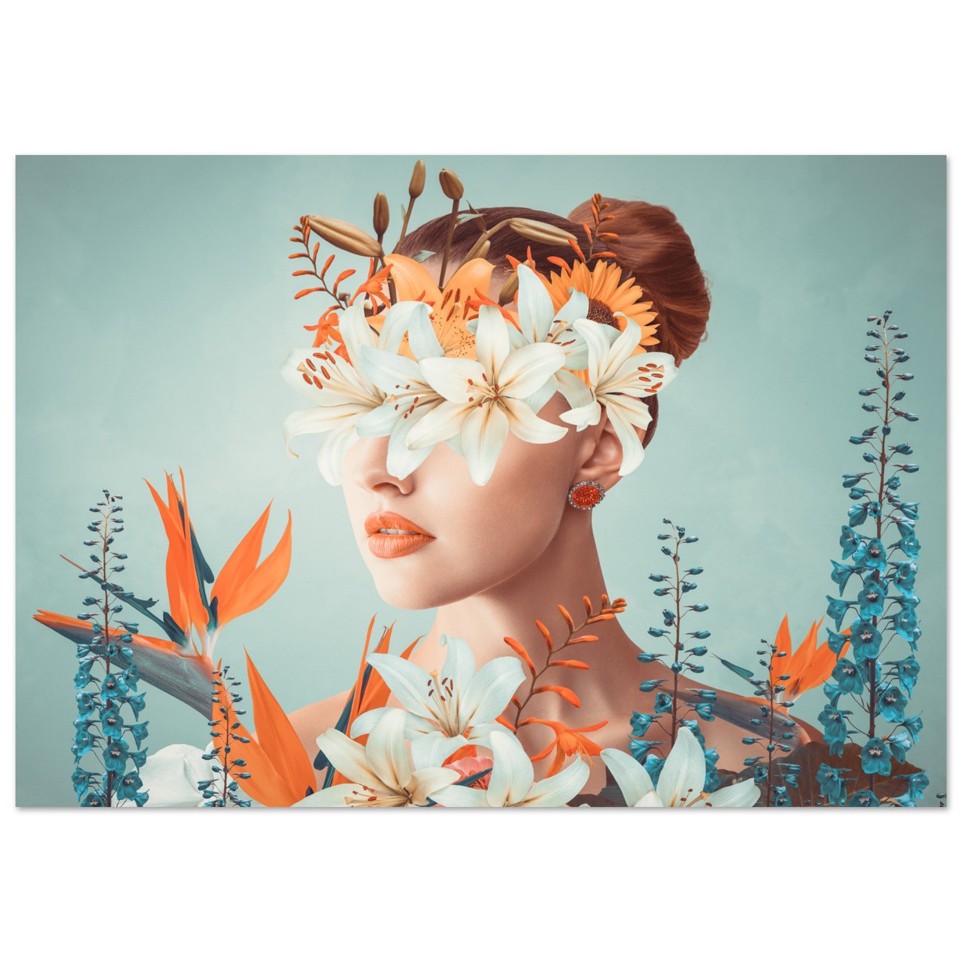 Surreal 'Floral Veil' Poster - An artistic depiction of a lady covered in colorful blooms.