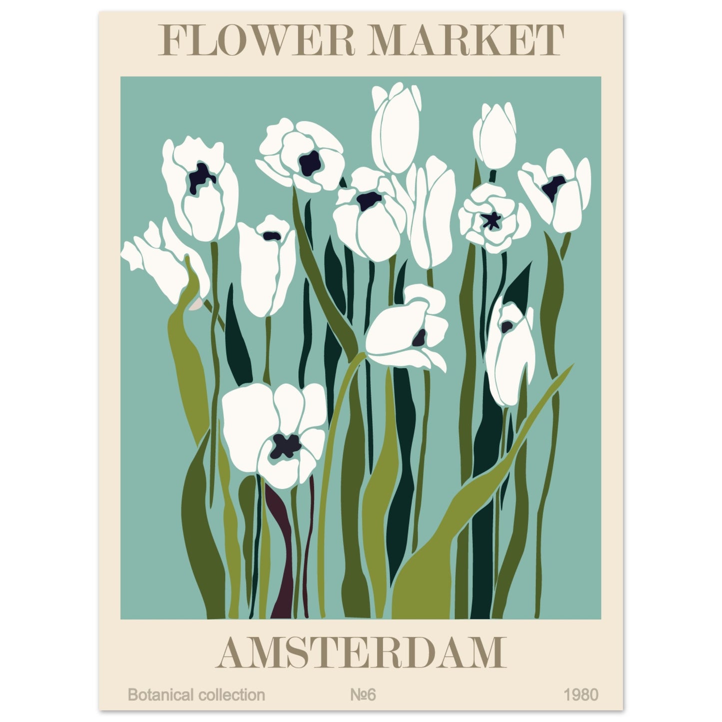 Amsterdam Flower Market exhibition art print featuring white tulips