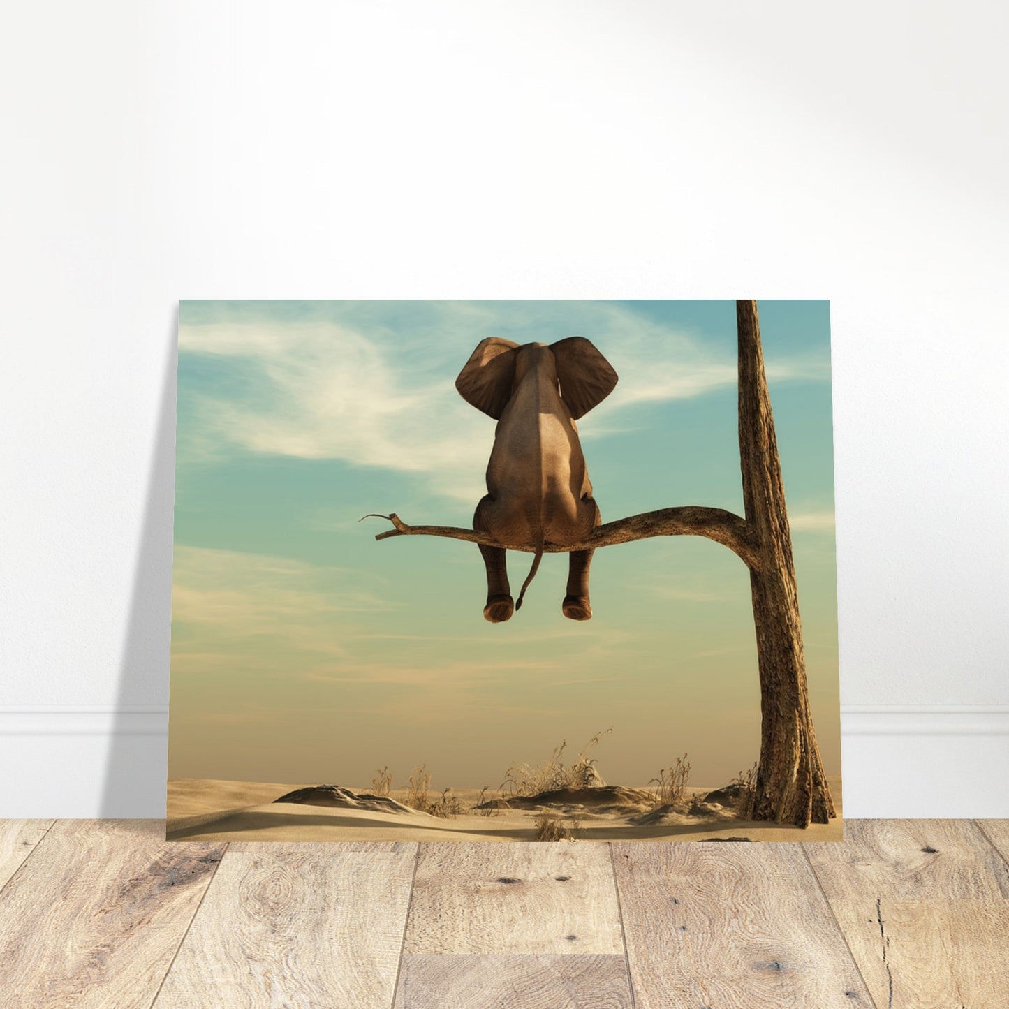 Surreal poster: The Escape - An enigmatic elephant perched on a tree trunk in a vast desert landscape.