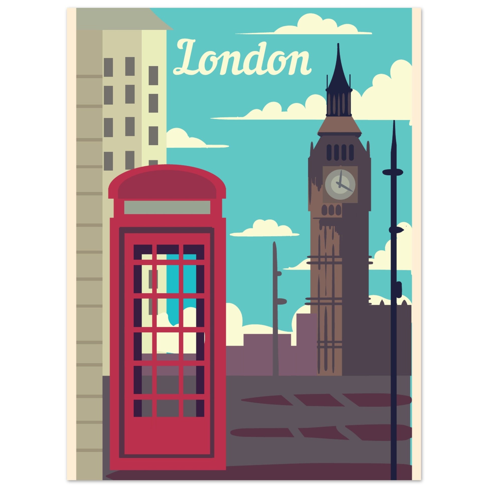 London Landmarks Vintage Poster - Big Ben and Phone Booth