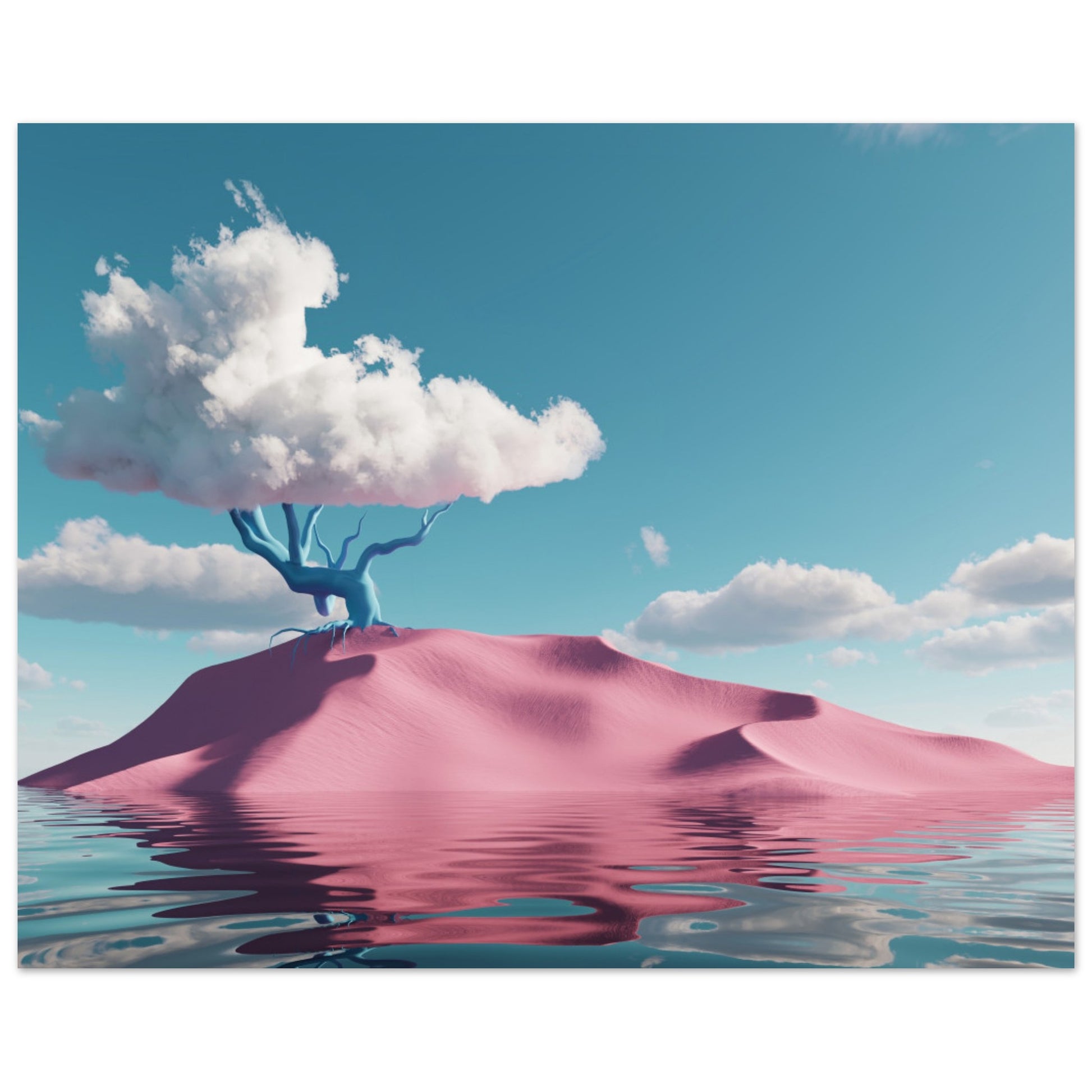 Surreal art: Shiny water, pink hill, and cloud-tree in 'Pink Oasis Fantasy`