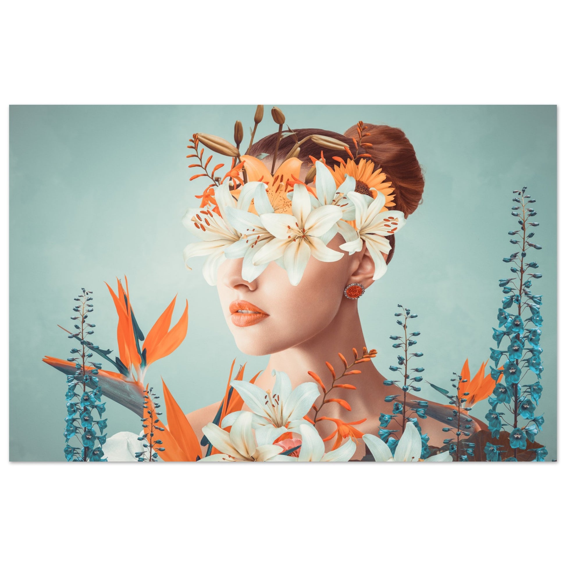 Surreal 'Floral Veil' Poster - An artistic depiction of a lady covered in colorful blooms.