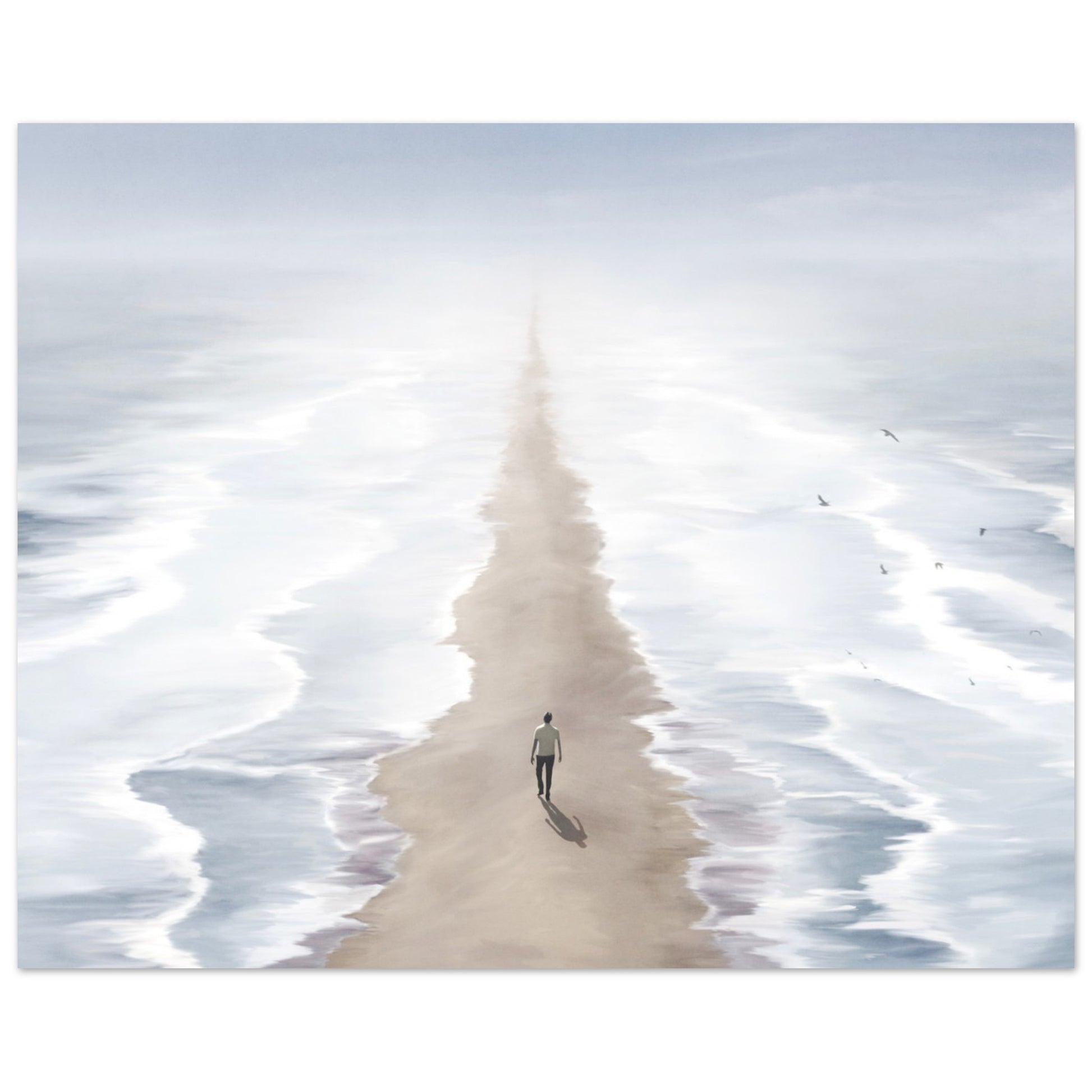 Surreal poster: 'Seas of Imagination' - Two seas, sandy beach, and man walking between two seas