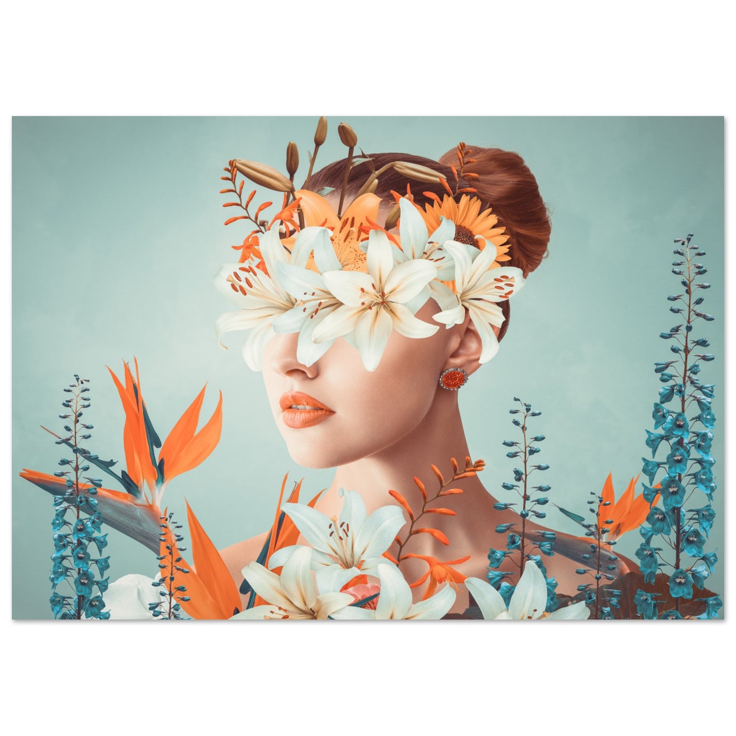 Surreal 'Floral Veil' Poster - An artistic depiction of a lady covered in colorful blooms.