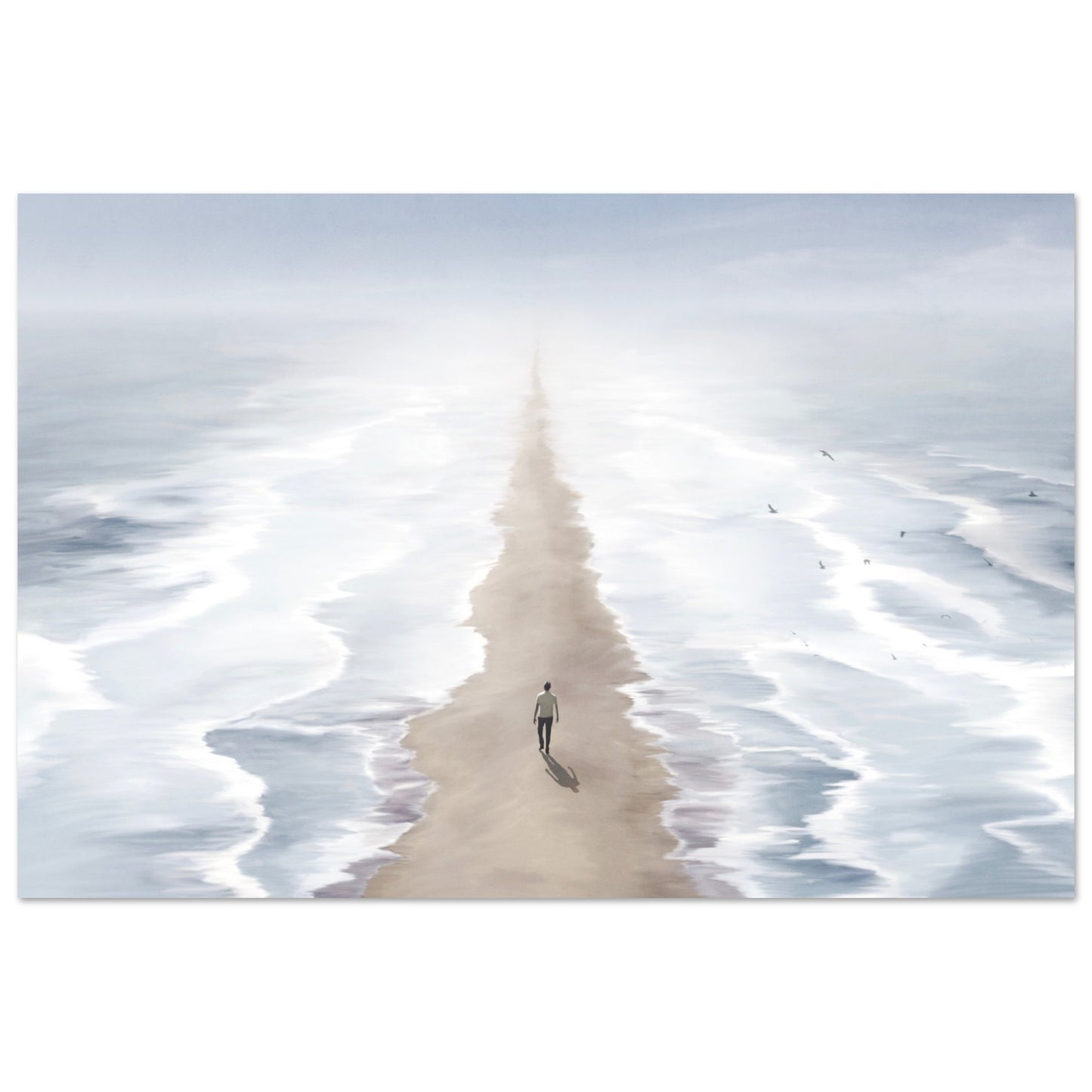 Surreal poster: 'Seas of Imagination' - Two seas, sandy beach, and man walking between two seas