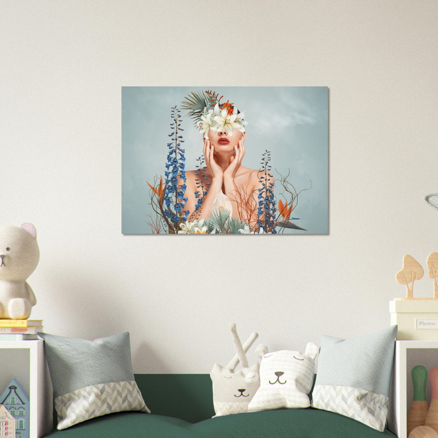 Surreal 'Floral Veil' Poster - An artistic depiction of a lady covered in colorful blooms.