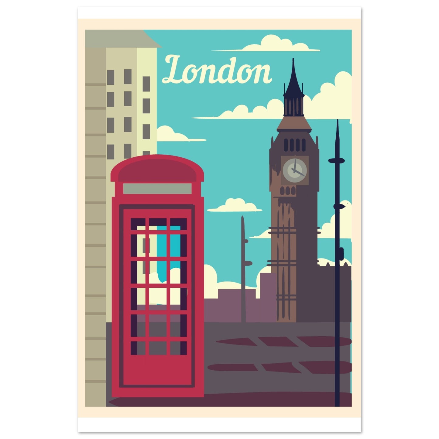 London Landmarks Vintage Poster - Big Ben and Phone Booth