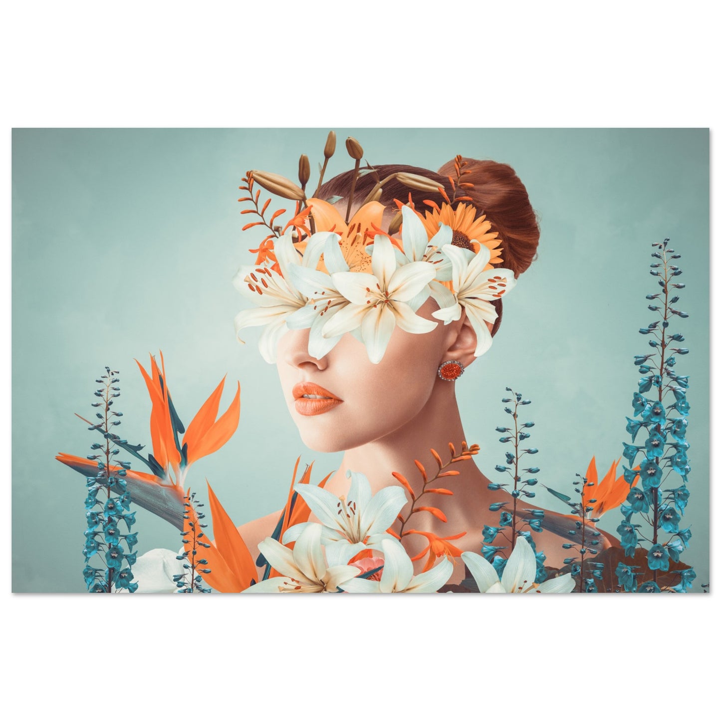 Surreal 'Floral Veil' Poster - An artistic depiction of a lady covered in colorful blooms.