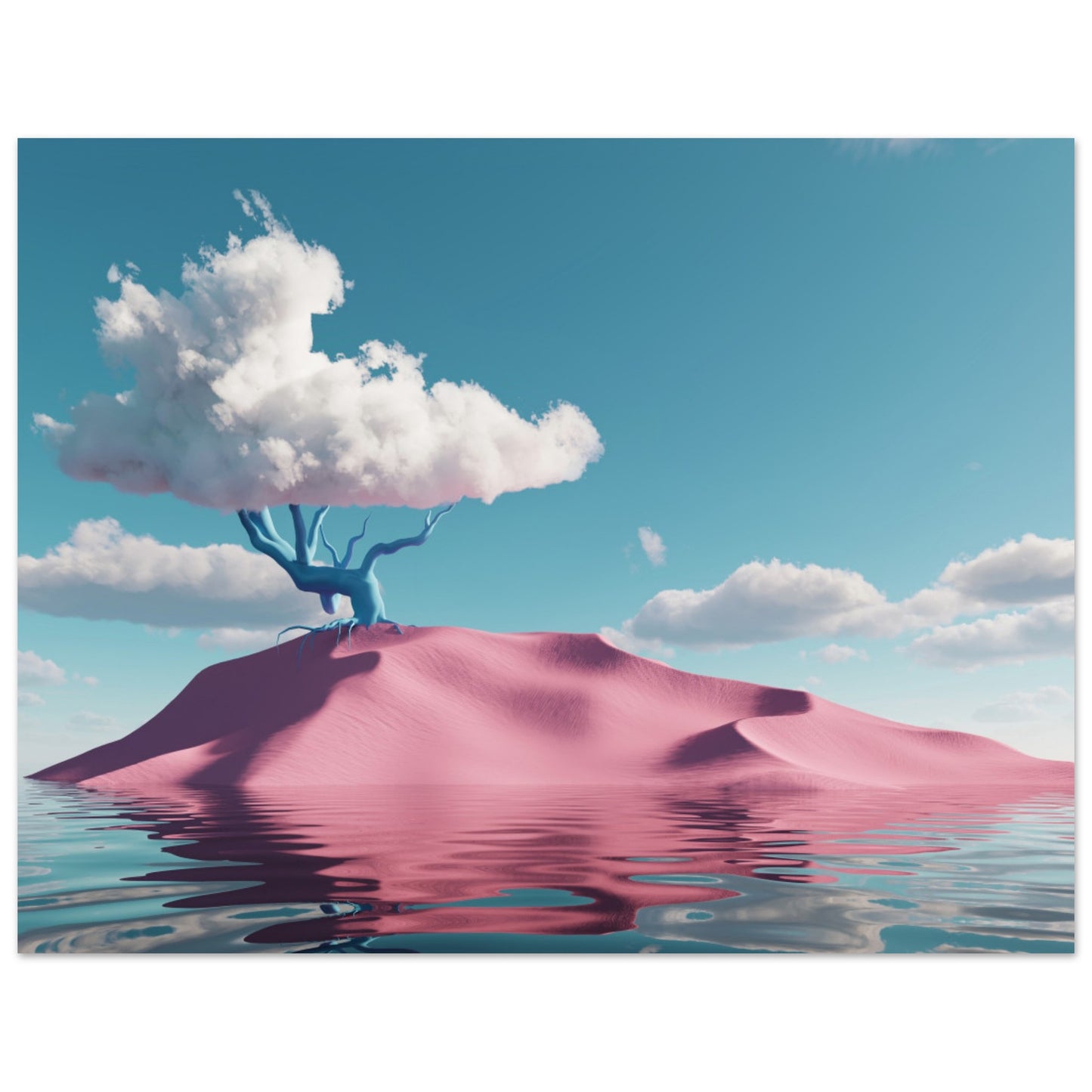 Surreal art: Shiny water, pink hill, and cloud-tree in 'Pink Oasis Fantasy`