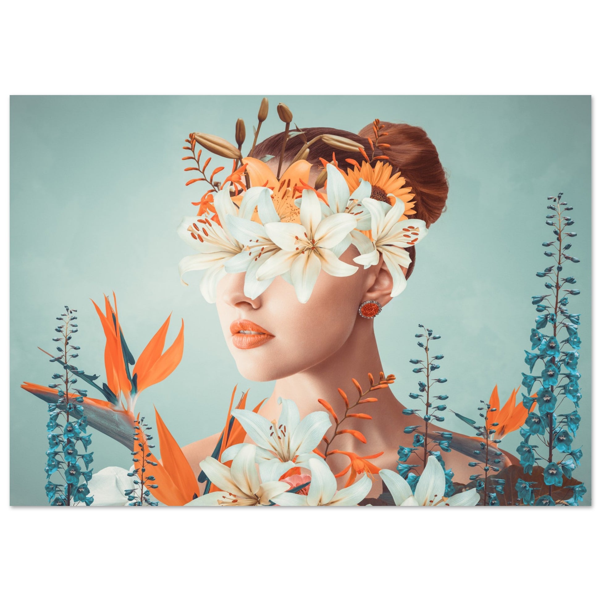 Surreal 'Floral Veil' Poster - An artistic depiction of a lady covered in colorful blooms.