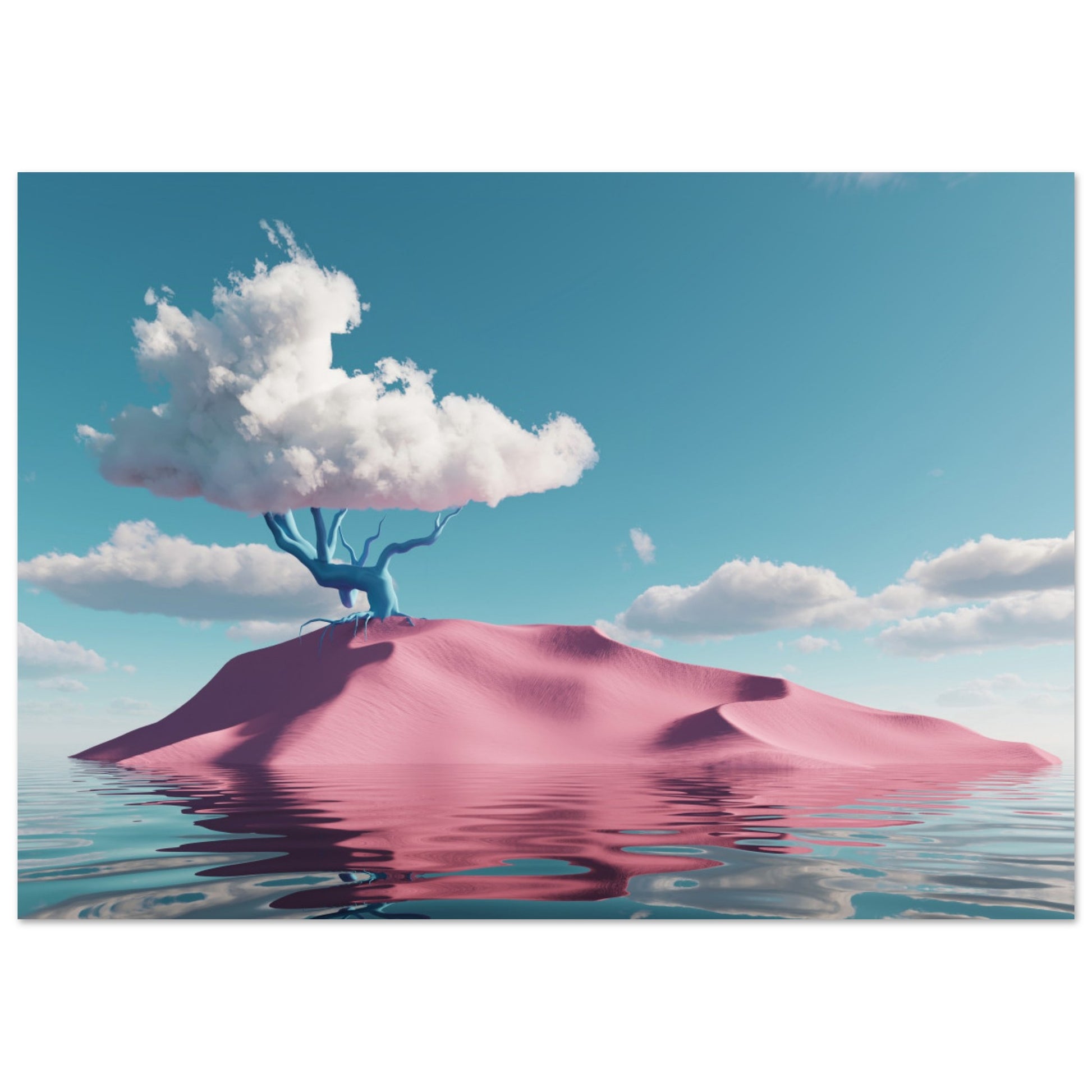 Surreal art: Shiny water, pink hill, and cloud-tree in 'Pink Oasis Fantasy`