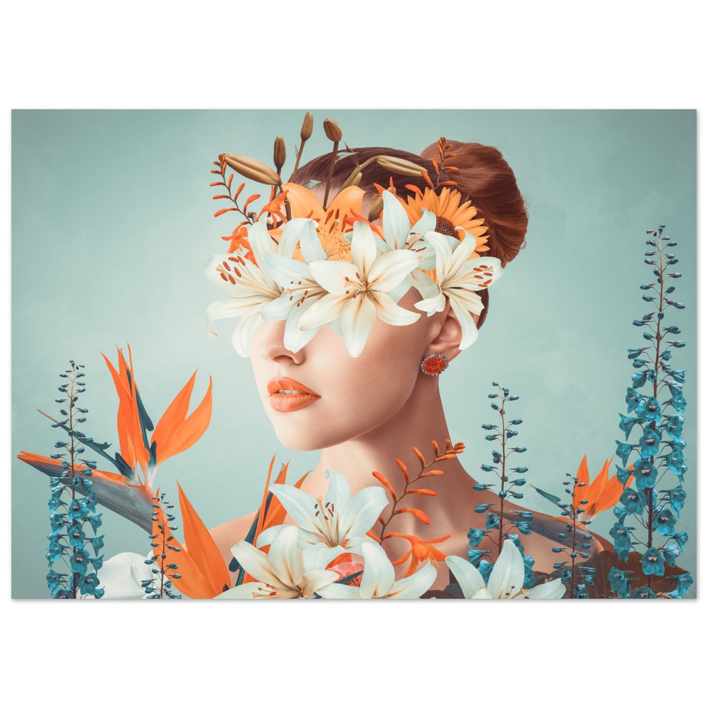 Surreal 'Floral Veil' Poster - An artistic depiction of a lady covered in colorful blooms.