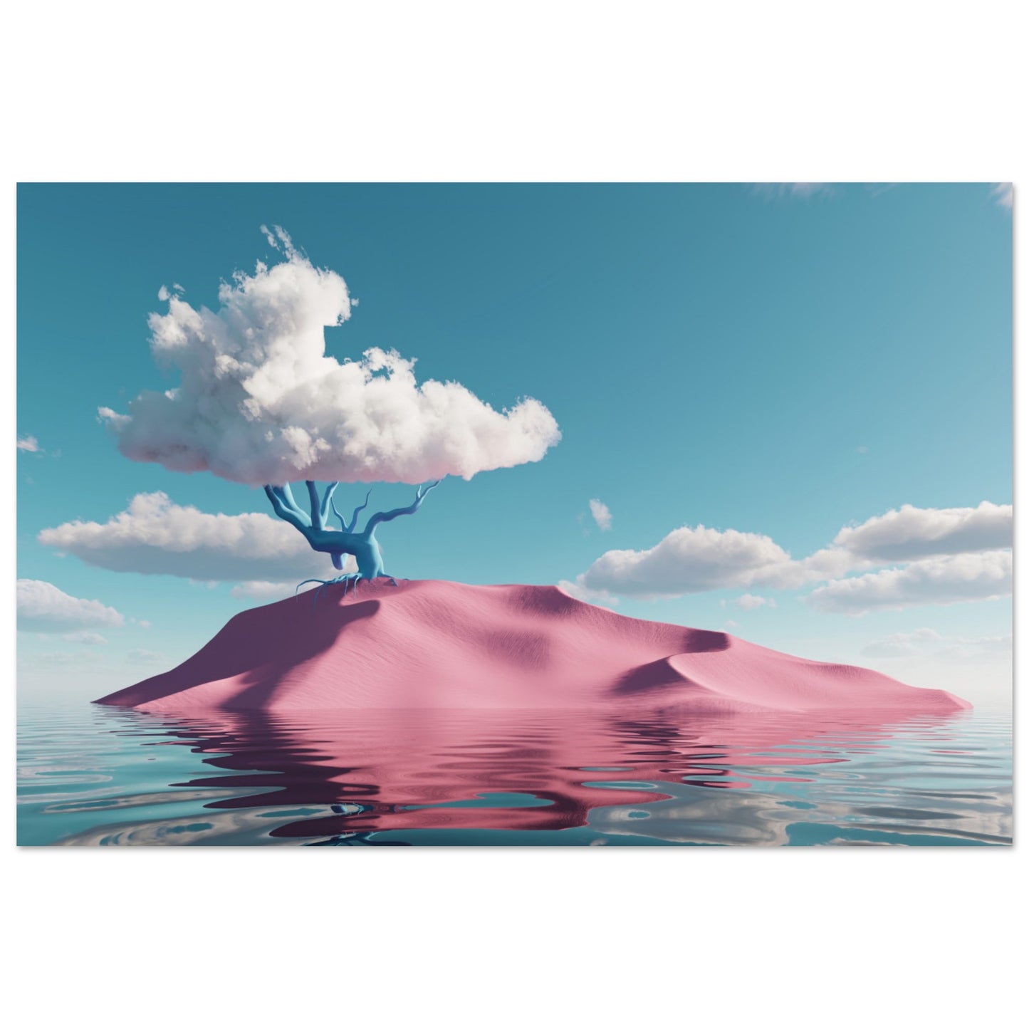 Surreal art: Shiny water, pink hill, and cloud-tree in 'Pink Oasis Fantasy`