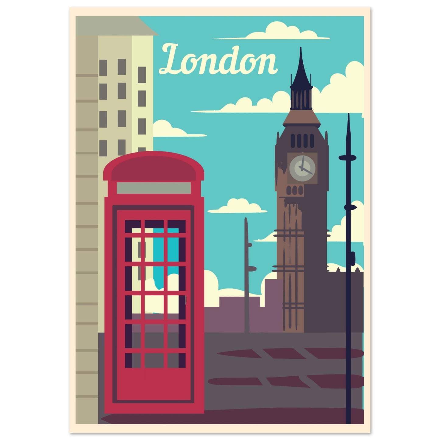 London Landmarks Vintage Poster - Big Ben and Phone Booth