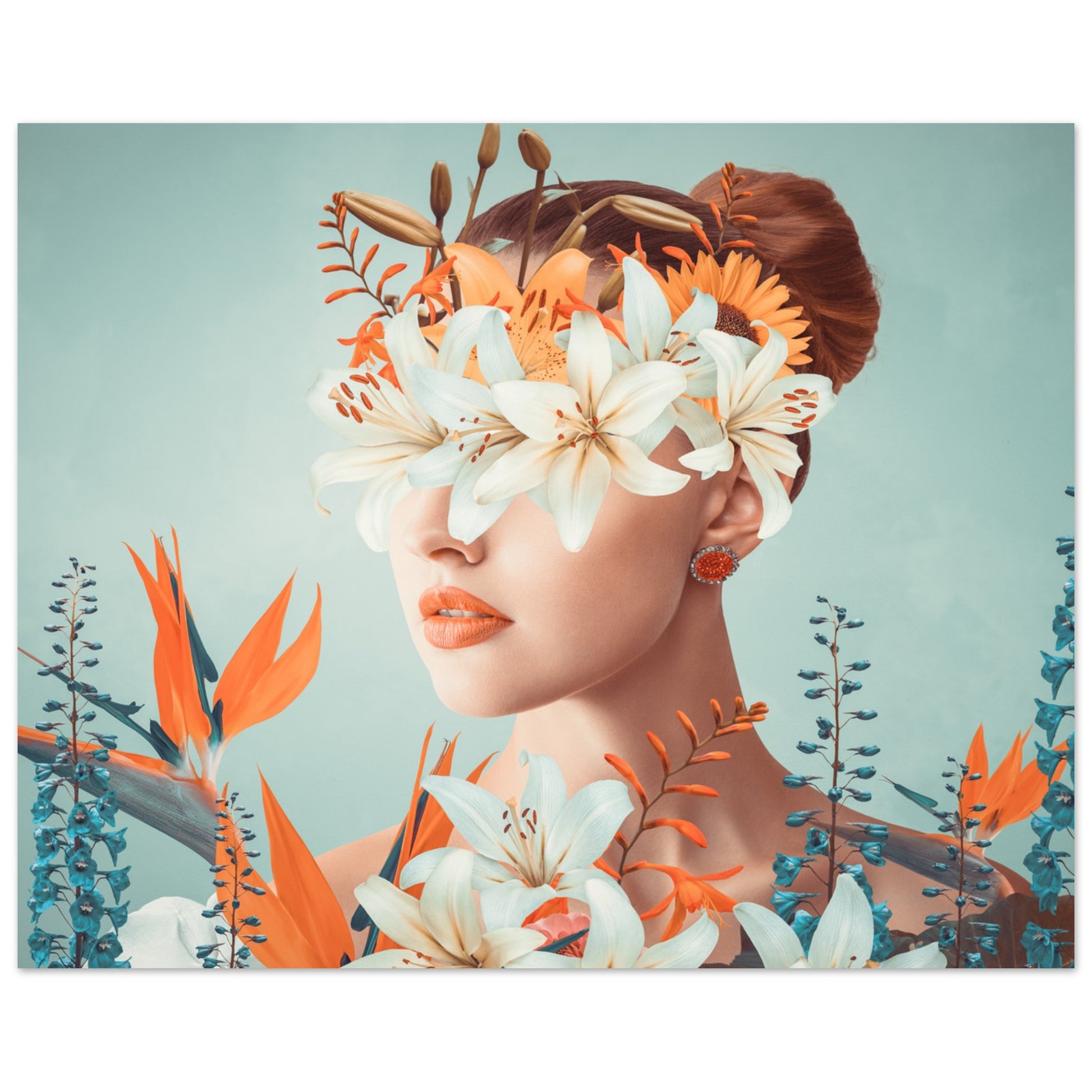 Surreal 'Floral Veil' Poster - An artistic depiction of a lady covered in colorful blooms.