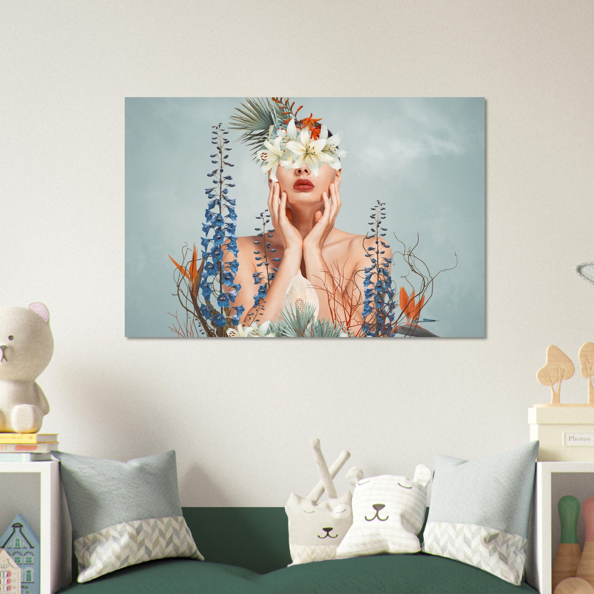 Surreal 'Floral Veil' Poster - An artistic depiction of a lady covered in colorful blooms.