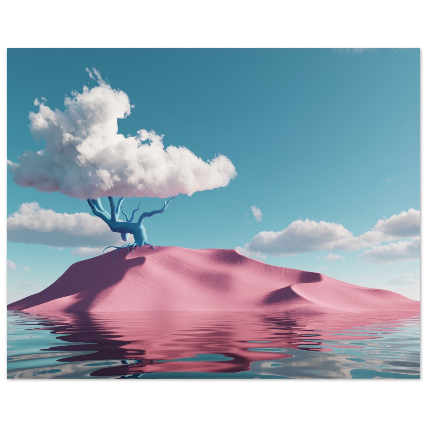 Surreal art: Shiny water, pink hill, and cloud-tree in 'Pink Oasis Fantasy`