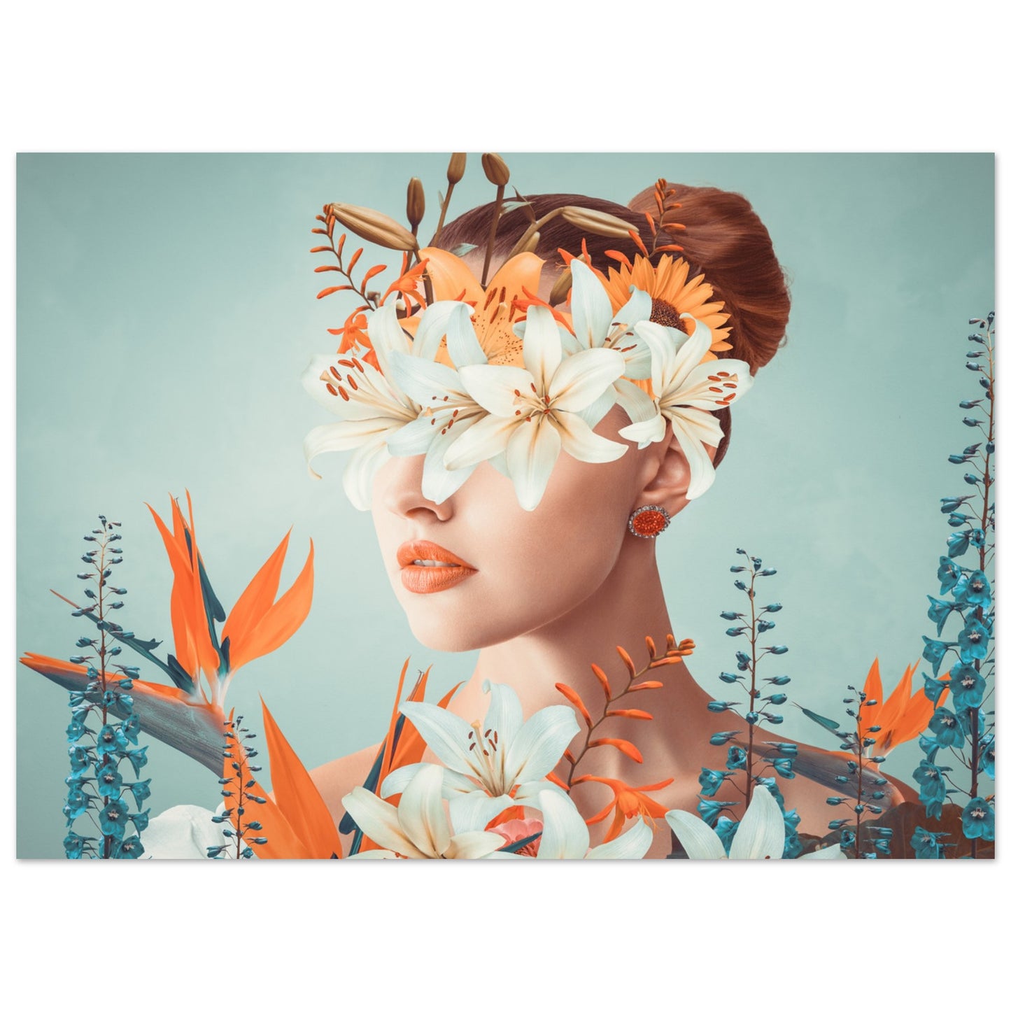 Surreal 'Floral Veil' Poster - An artistic depiction of a lady covered in colorful blooms.