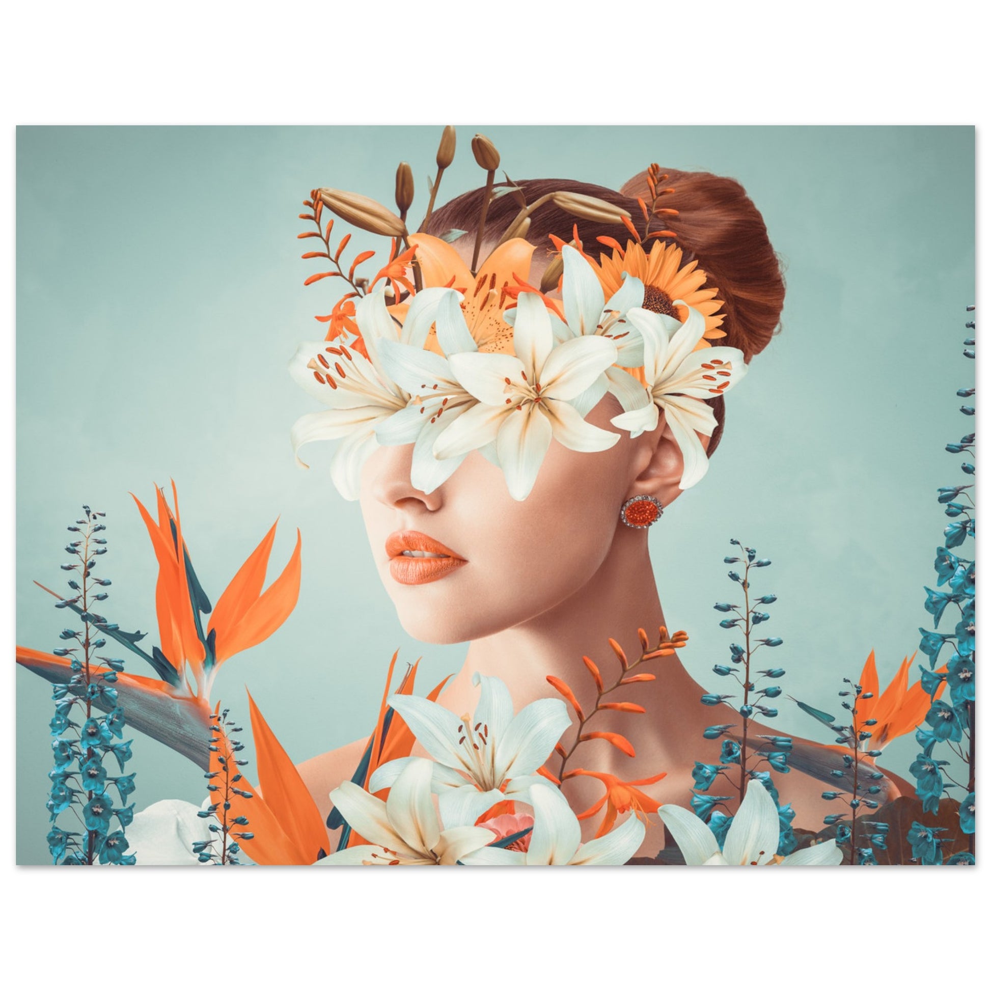 Surreal 'Floral Veil' Poster - An artistic depiction of a lady covered in colorful blooms.