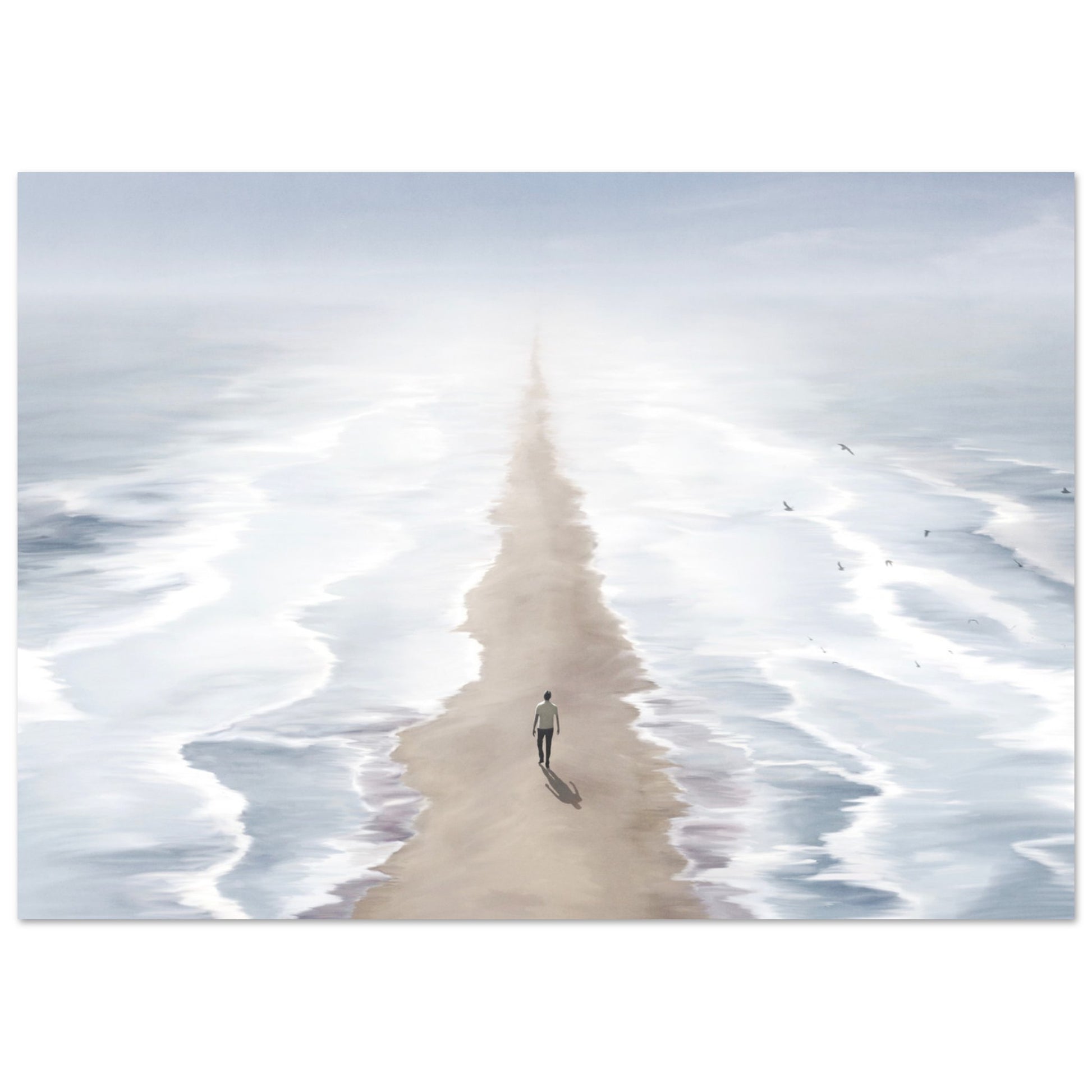 Surreal poster: 'Seas of Imagination' - Two seas, sandy beach, and man walking between two seas