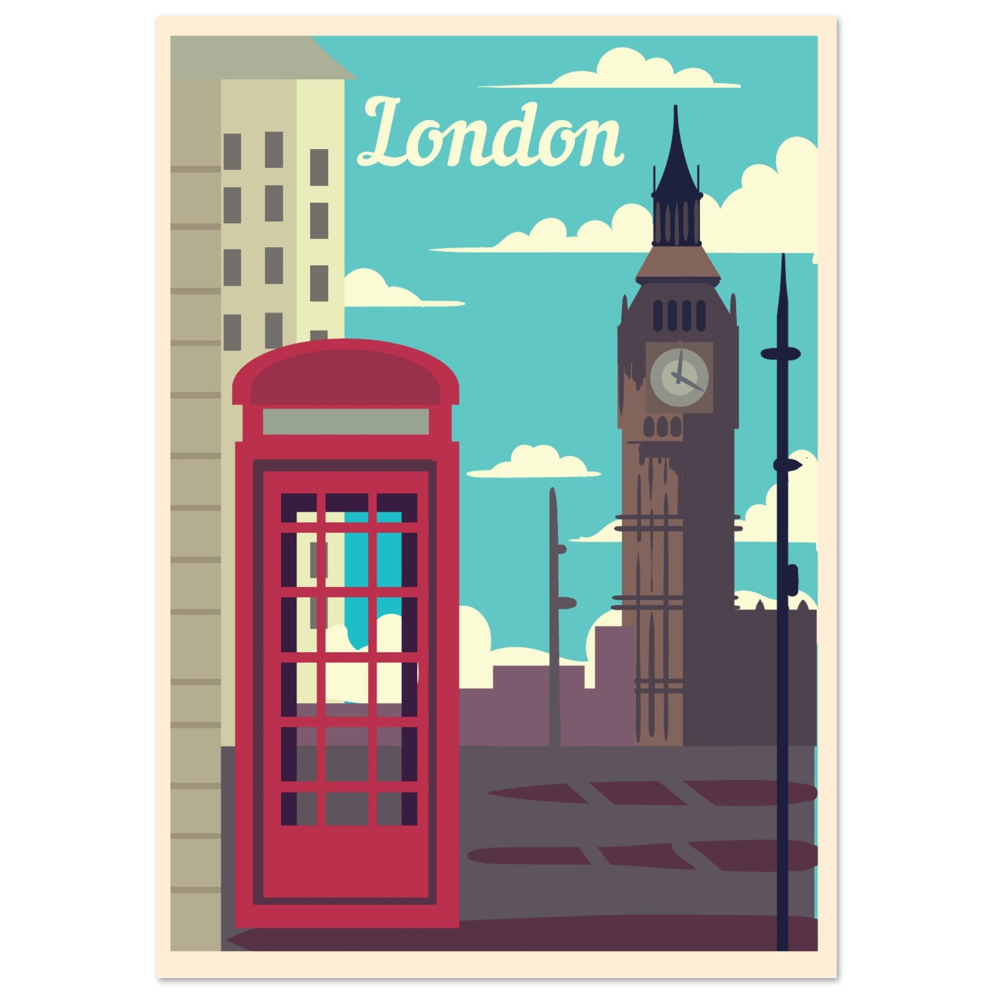 London Landmarks Vintage Poster - Big Ben and Phone Booth