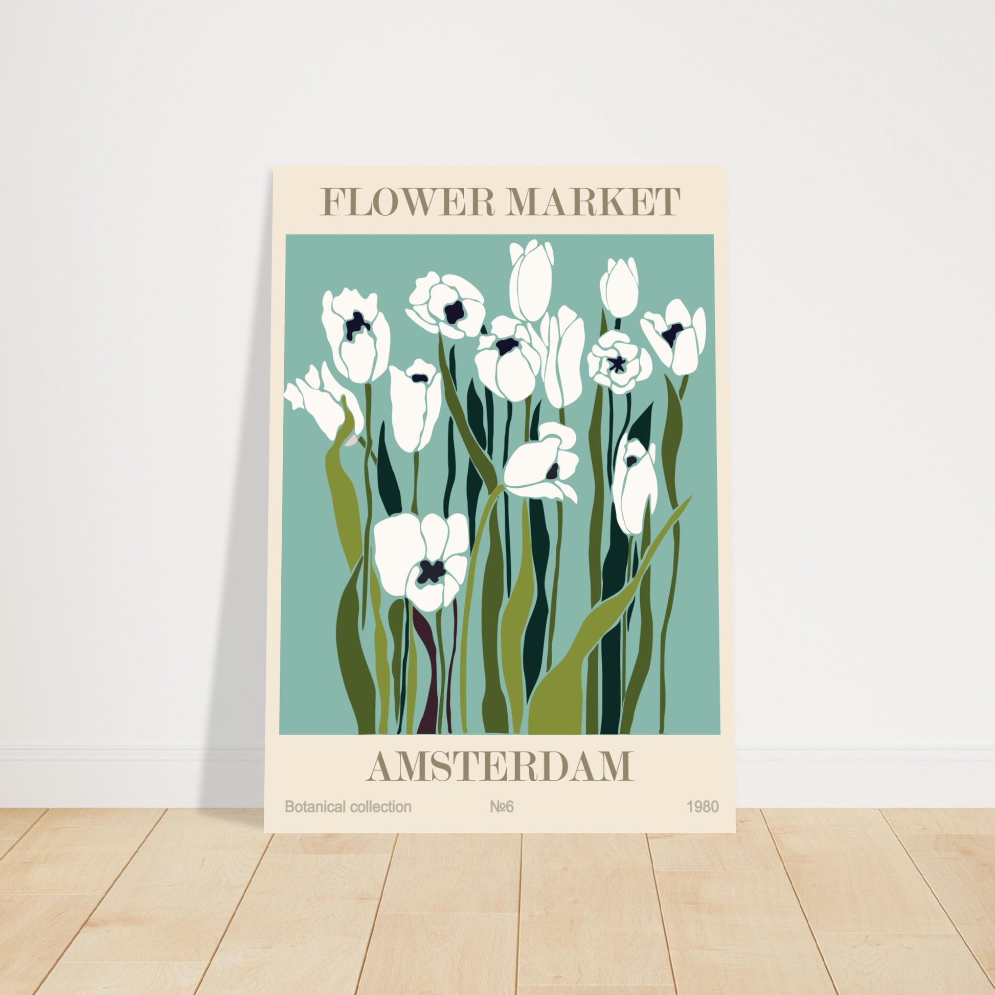 Amsterdam Flower Market exhibition art print featuring white tulips