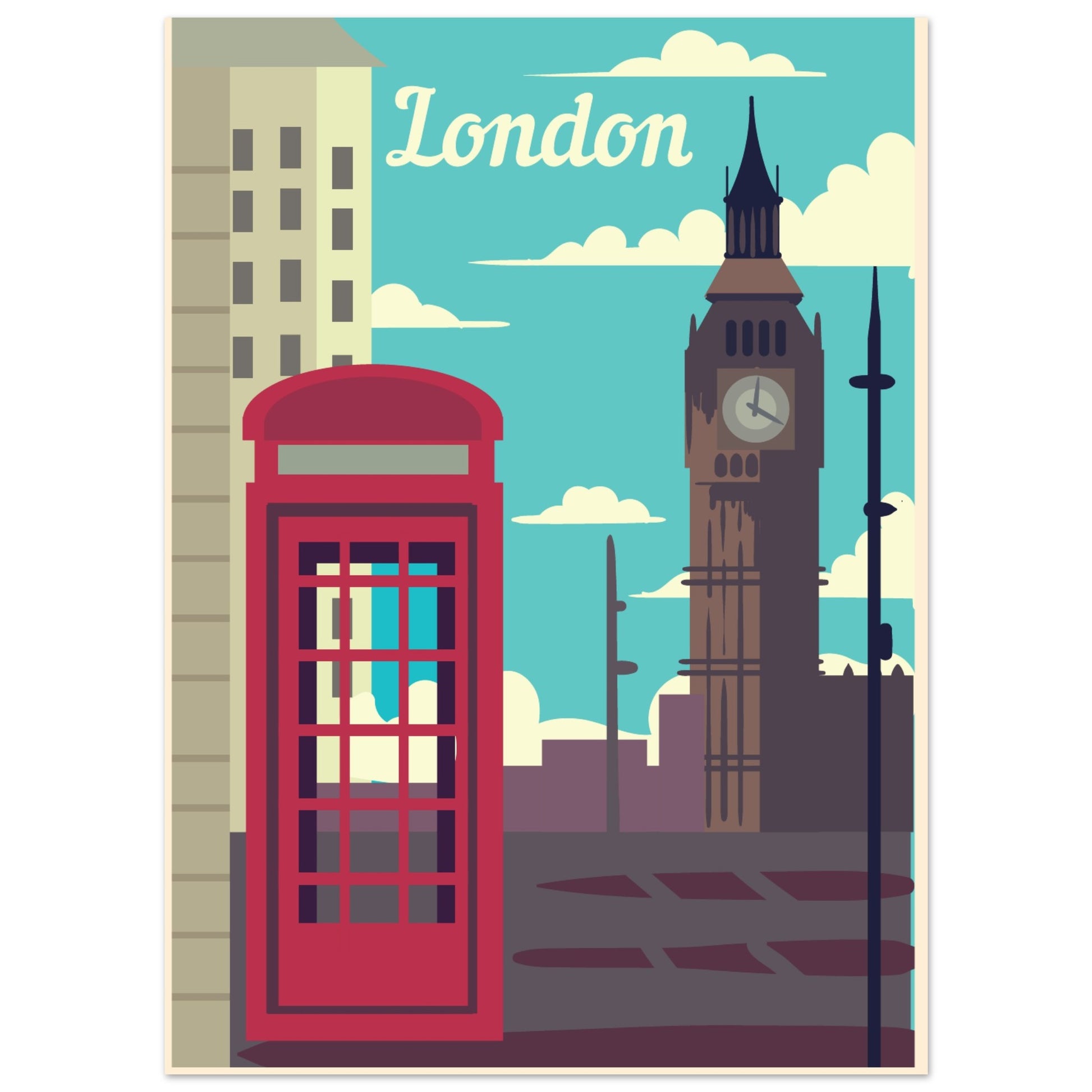 London Landmarks Vintage Poster - Big Ben and Phone Booth