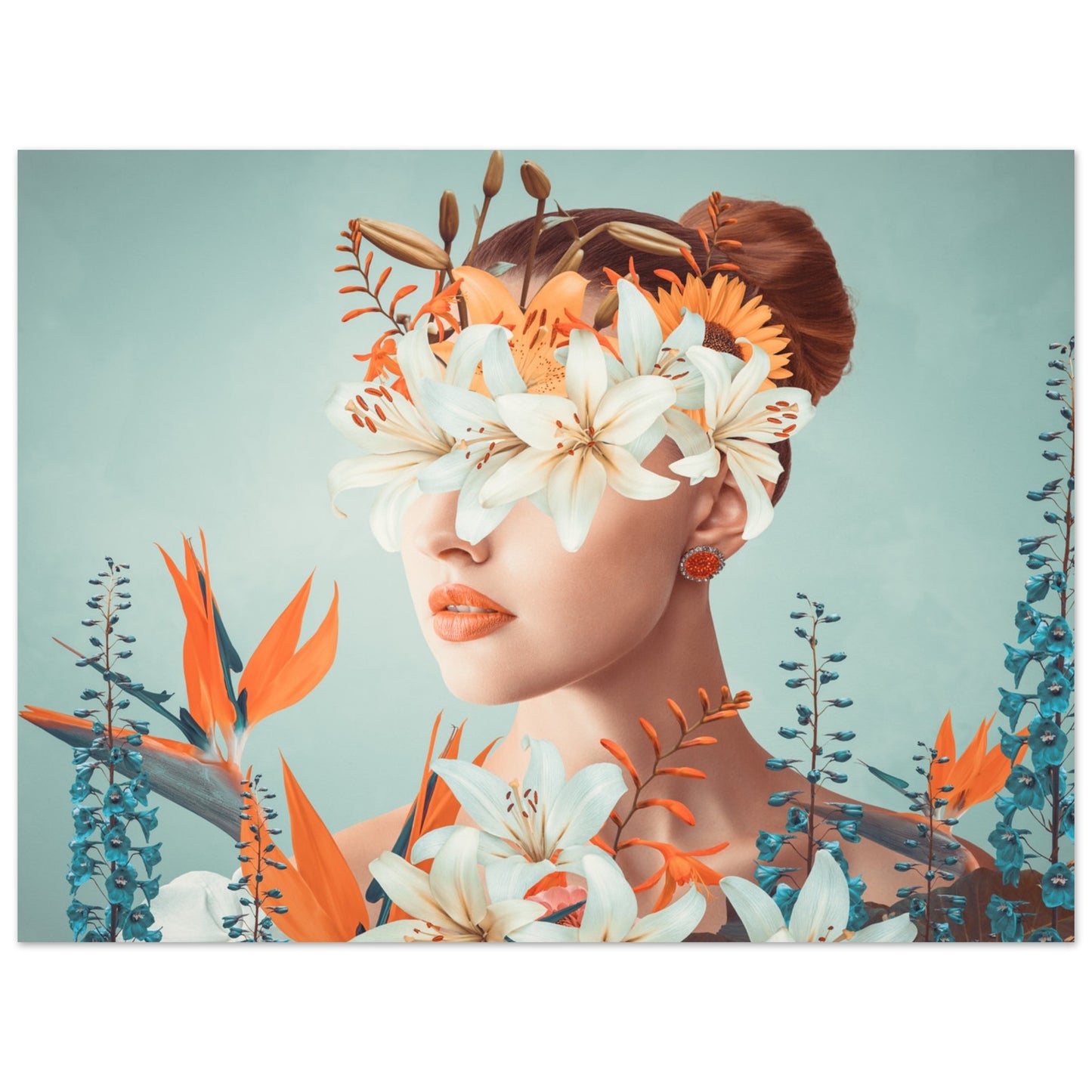 Surreal 'Floral Veil' Poster - An artistic depiction of a lady covered in colorful blooms.