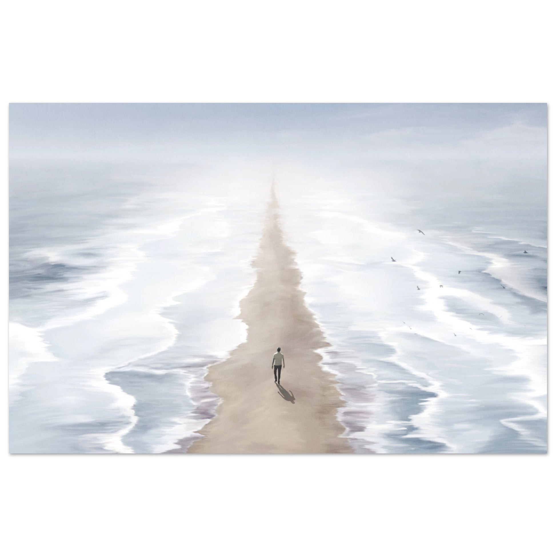 Surreal poster: 'Seas of Imagination' - Two seas, sandy beach, and man walking between two seas