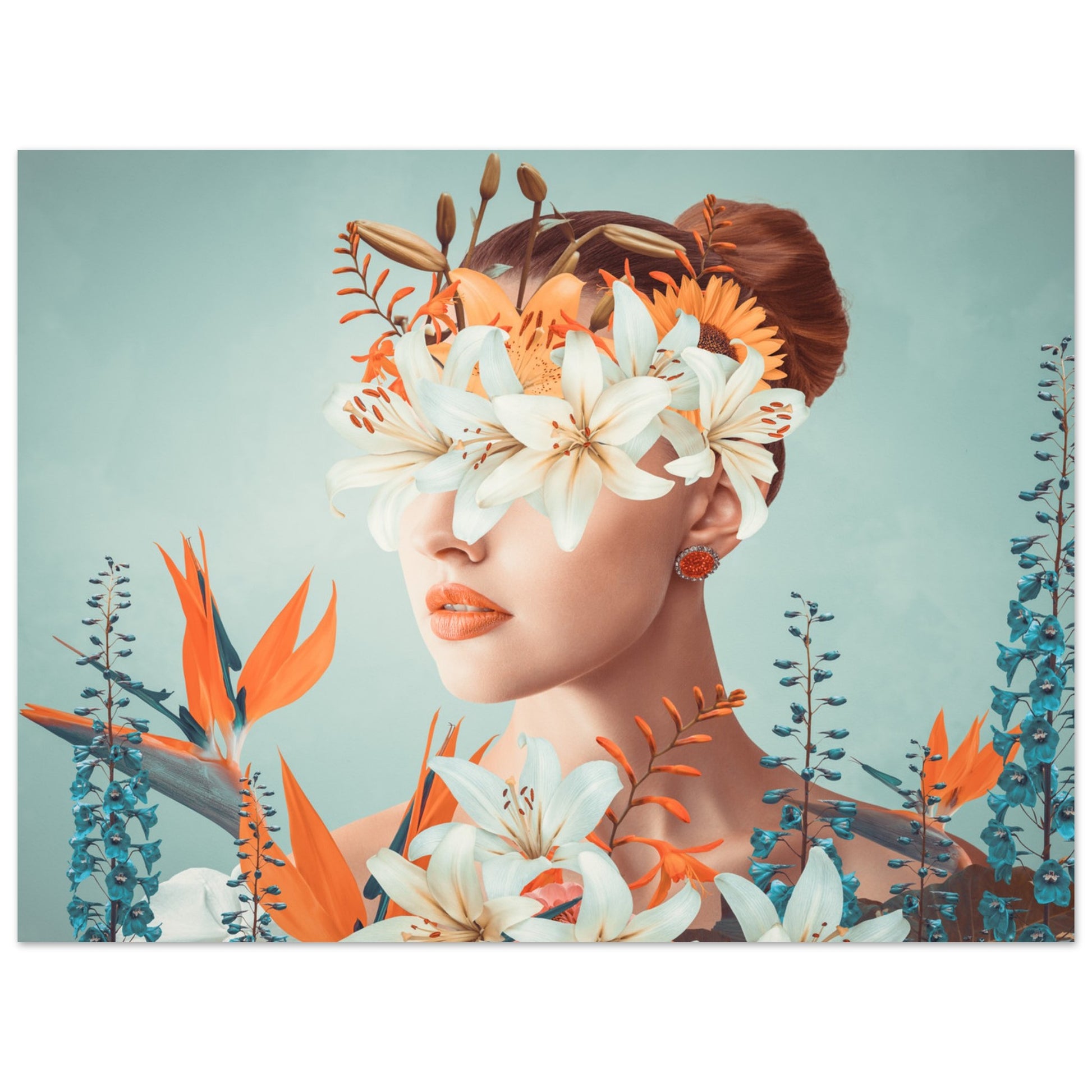 Surreal 'Floral Veil' Poster - An artistic depiction of a lady covered in colorful blooms.