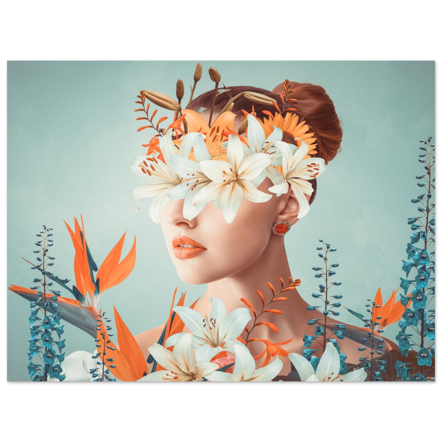 Surreal 'Floral Veil' Poster - An artistic depiction of a lady covered in colorful blooms.