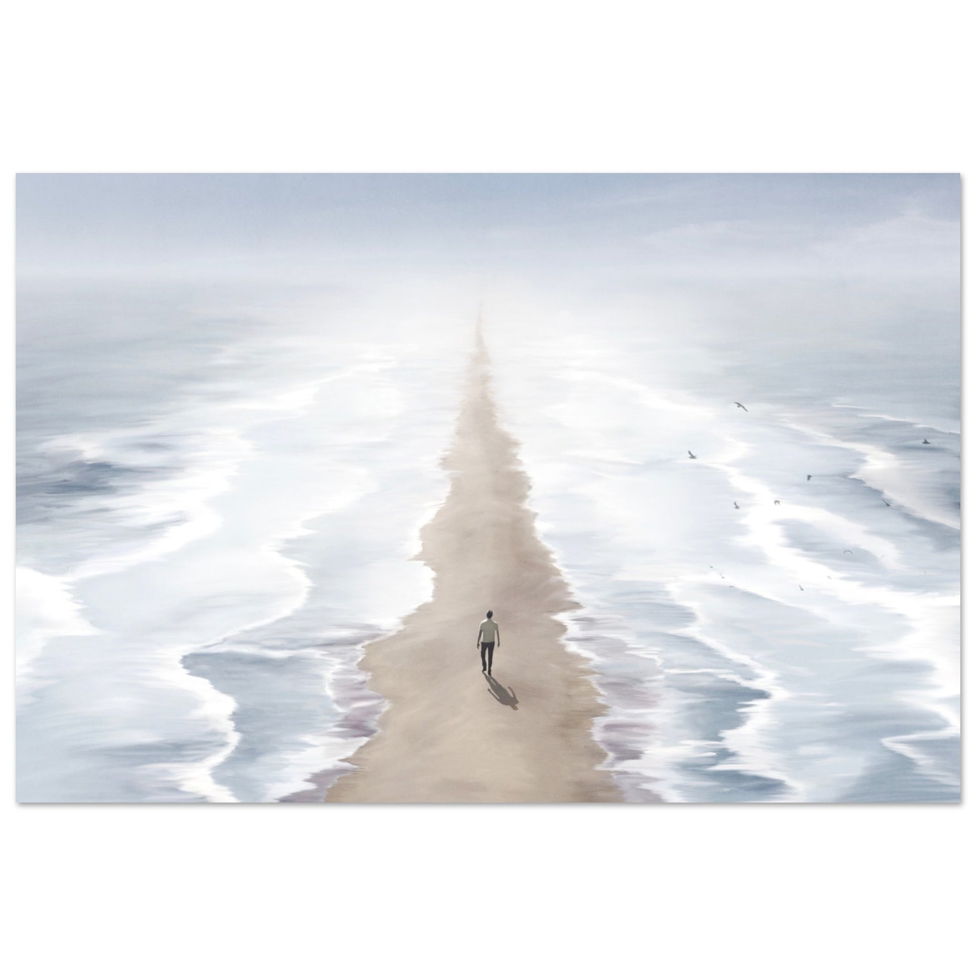 Surreal poster: 'Seas of Imagination' - Two seas, sandy beach, and man walking between two seas