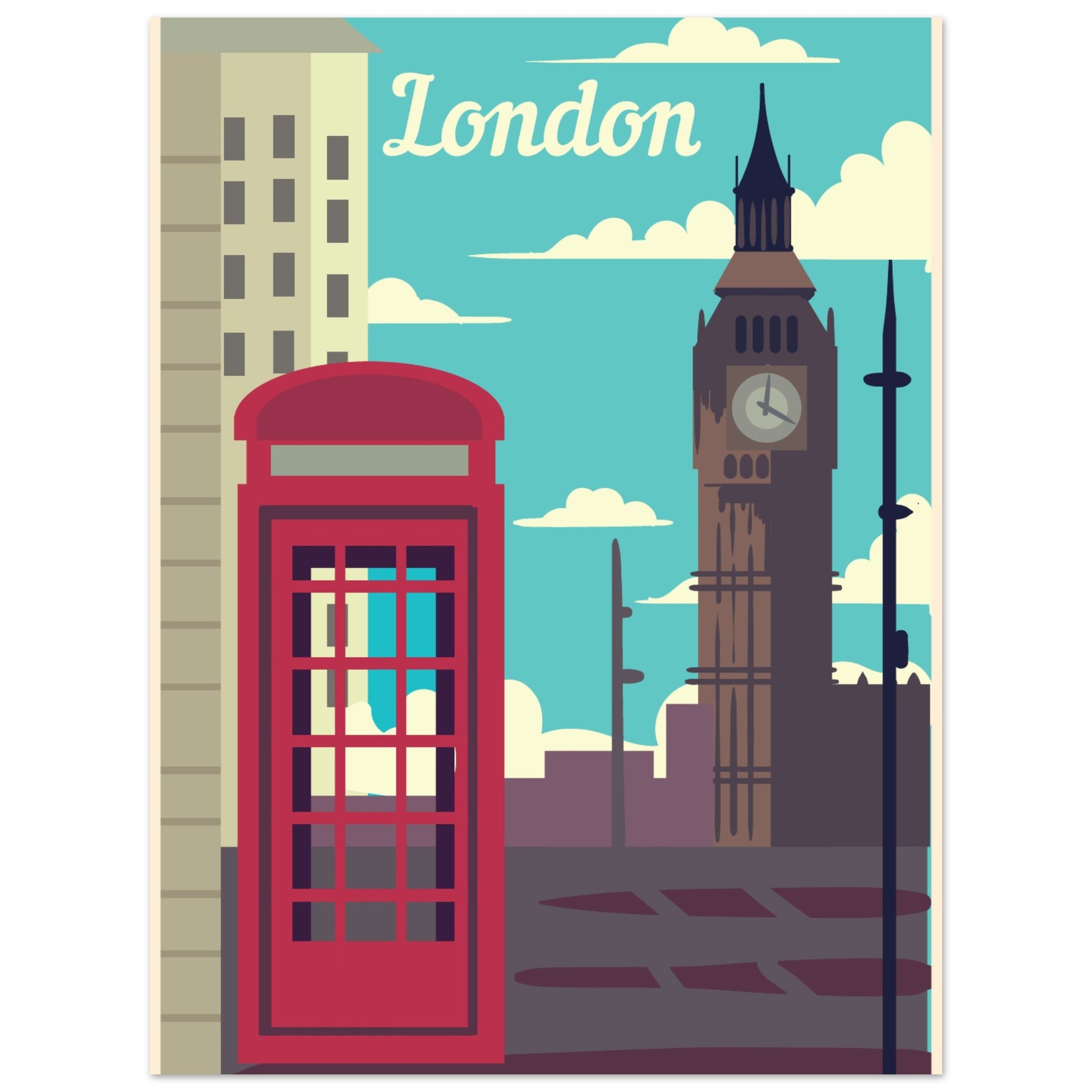 London Landmarks Vintage Poster - Big Ben and Phone Booth