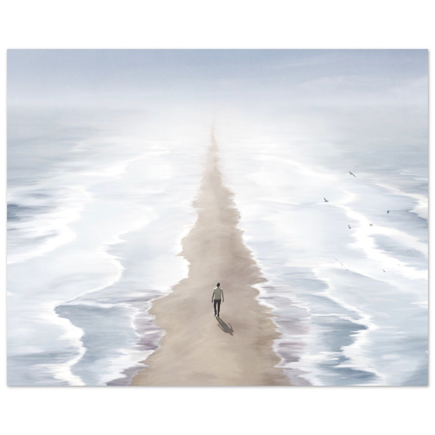 Surreal poster: 'Seas of Imagination' - Two seas, sandy beach, and man walking between two seas