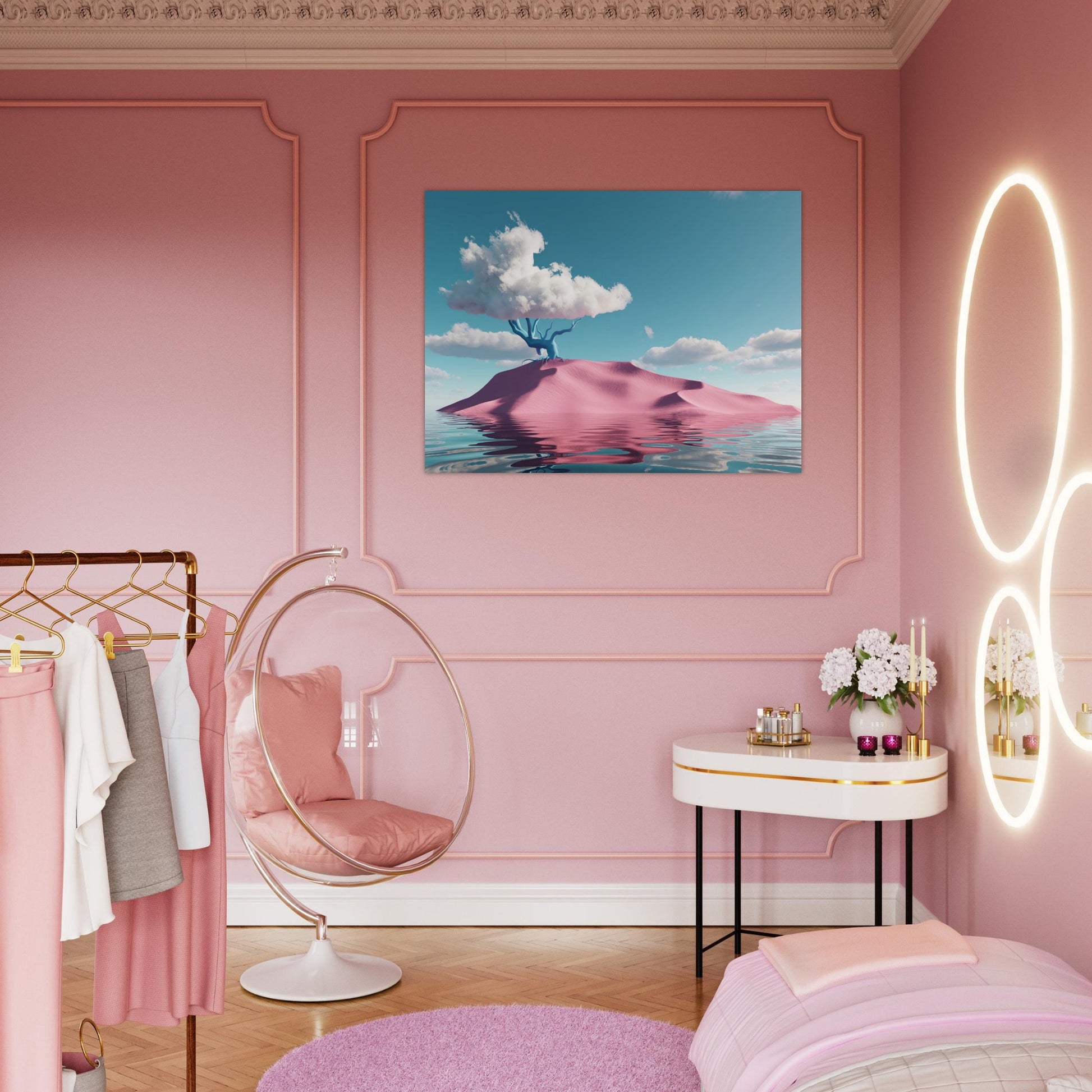 Surreal art: Shiny water, pink hill, and cloud-tree in 'Pink Oasis Fantasy`