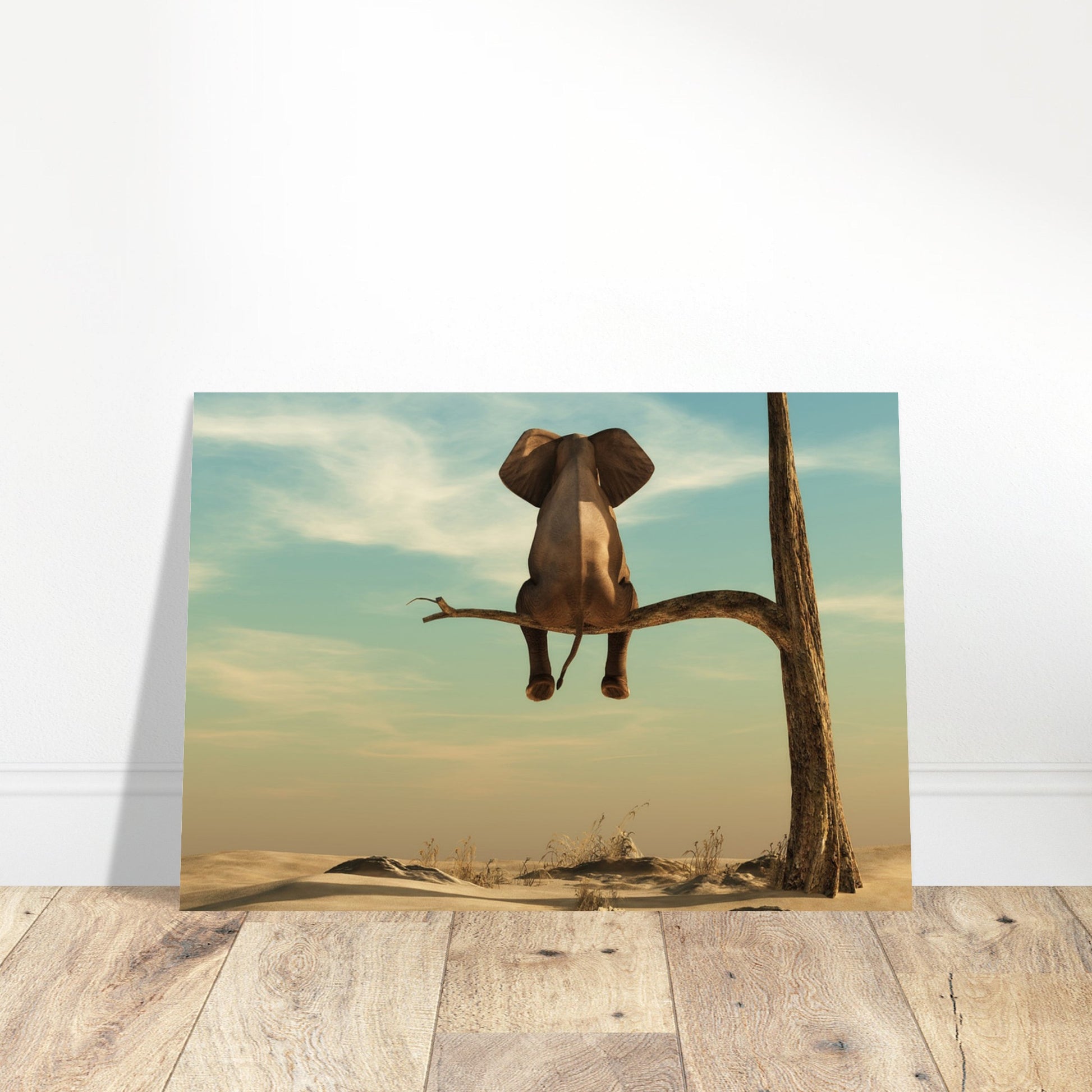 Surreal poster: The Escape - An enigmatic elephant perched on a tree trunk in a vast desert landscape.