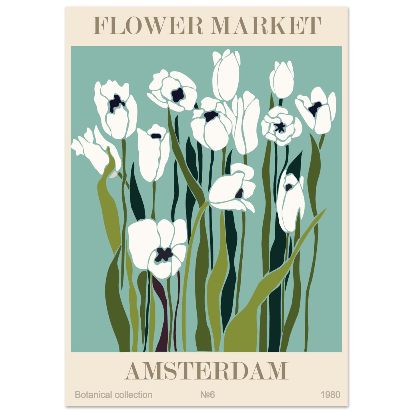 Amsterdam Flower Market exhibition art print featuring white tulips