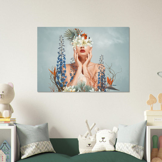 Surreal 'Floral Veil' Poster - An artistic depiction of a lady covered in colorful blooms.