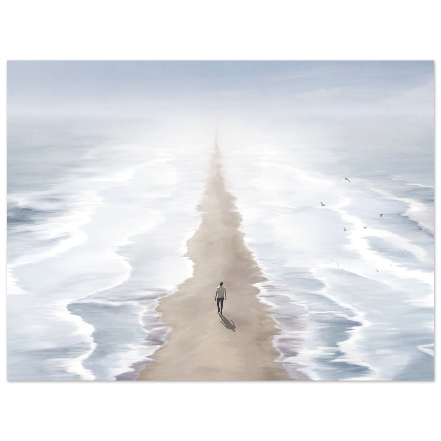 Surreal poster: 'Seas of Imagination' - Two seas, sandy beach, and man walking between two seas