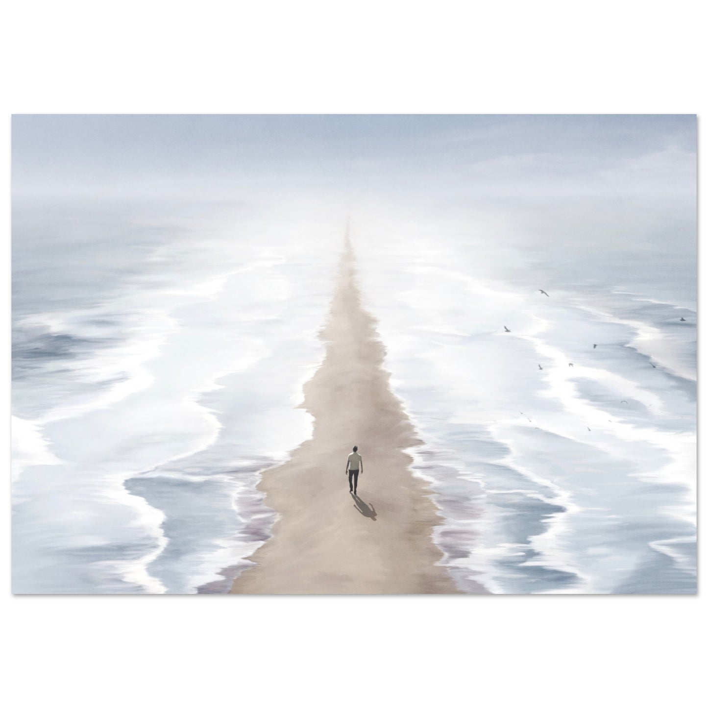 Surreal poster: 'Seas of Imagination' - Two seas, sandy beach, and man walking between two seas