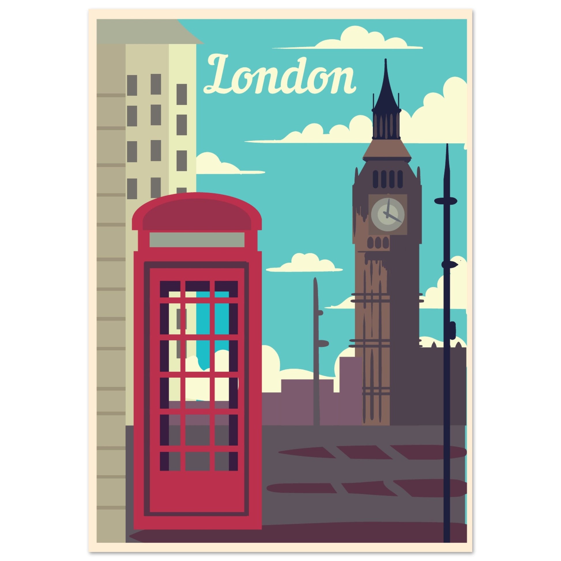 London Landmarks Vintage Poster - Big Ben and Phone Booth