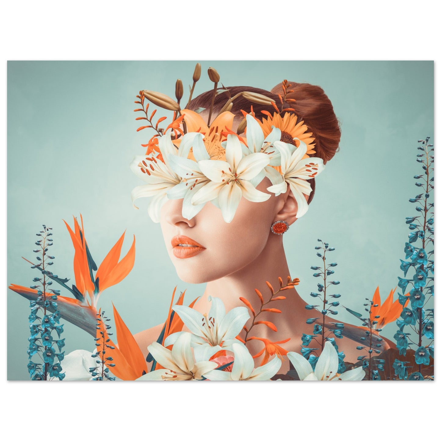 Surreal 'Floral Veil' Poster - An artistic depiction of a lady covered in colorful blooms.