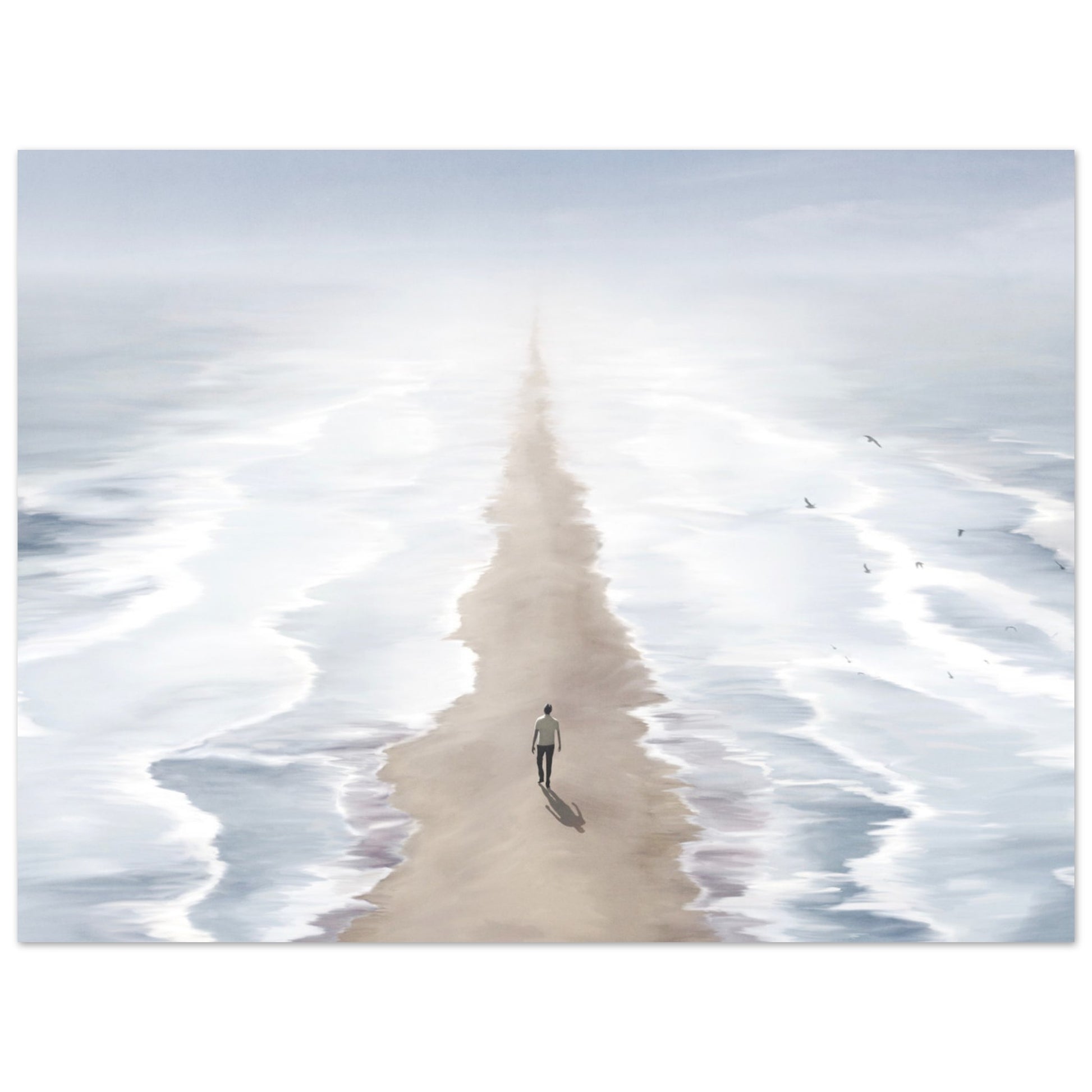 Surreal poster: 'Seas of Imagination' - Two seas, sandy beach, and man walking between two seas