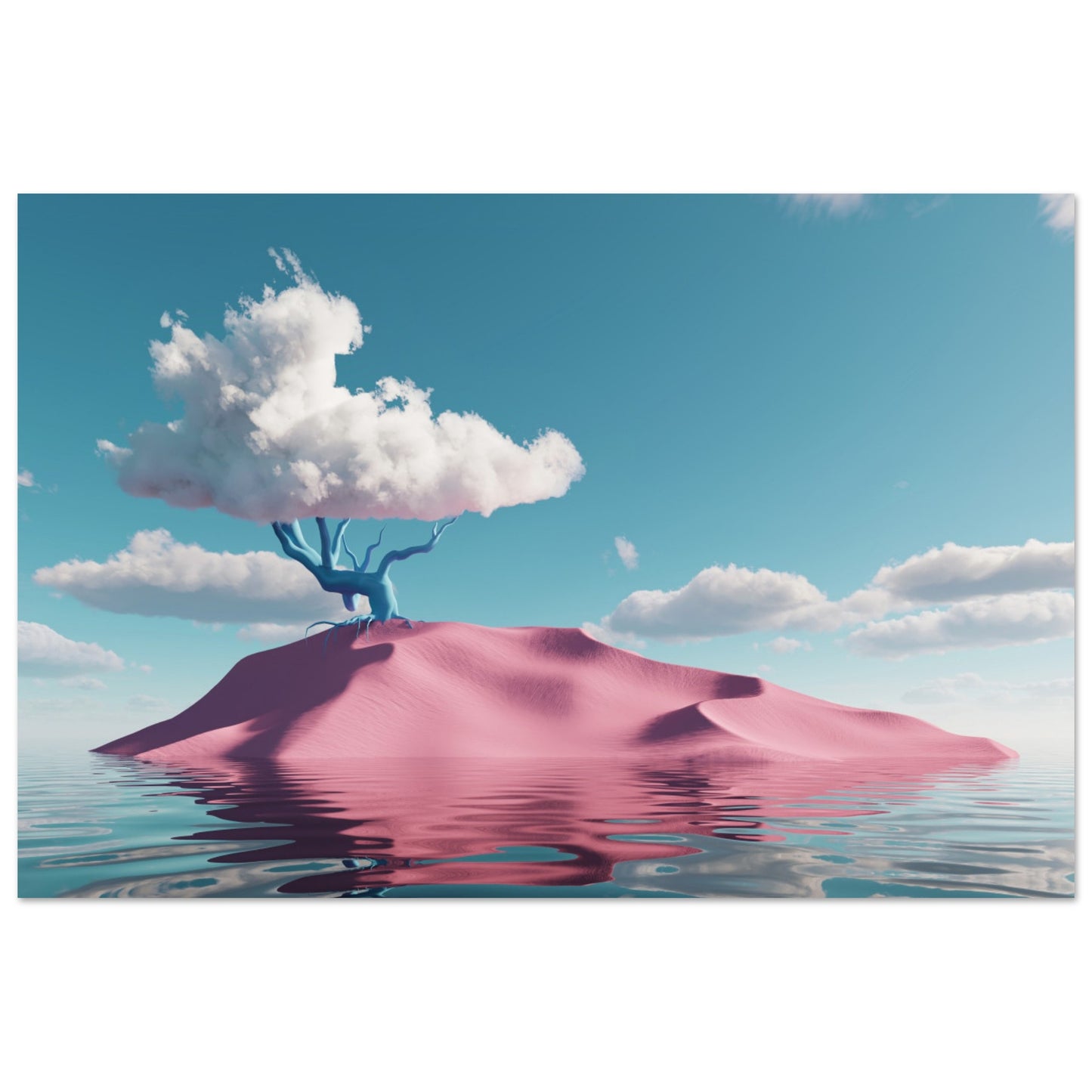 Surreal art: Shiny water, pink hill, and cloud-tree in 'Pink Oasis Fantasy`